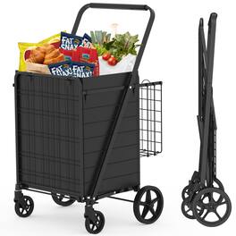 Glintex - Extra Large Shopping Cart,Foldable Utility Shopping Carts with Double Basket and 360° Rolling Swivel Wheels - Antique Black