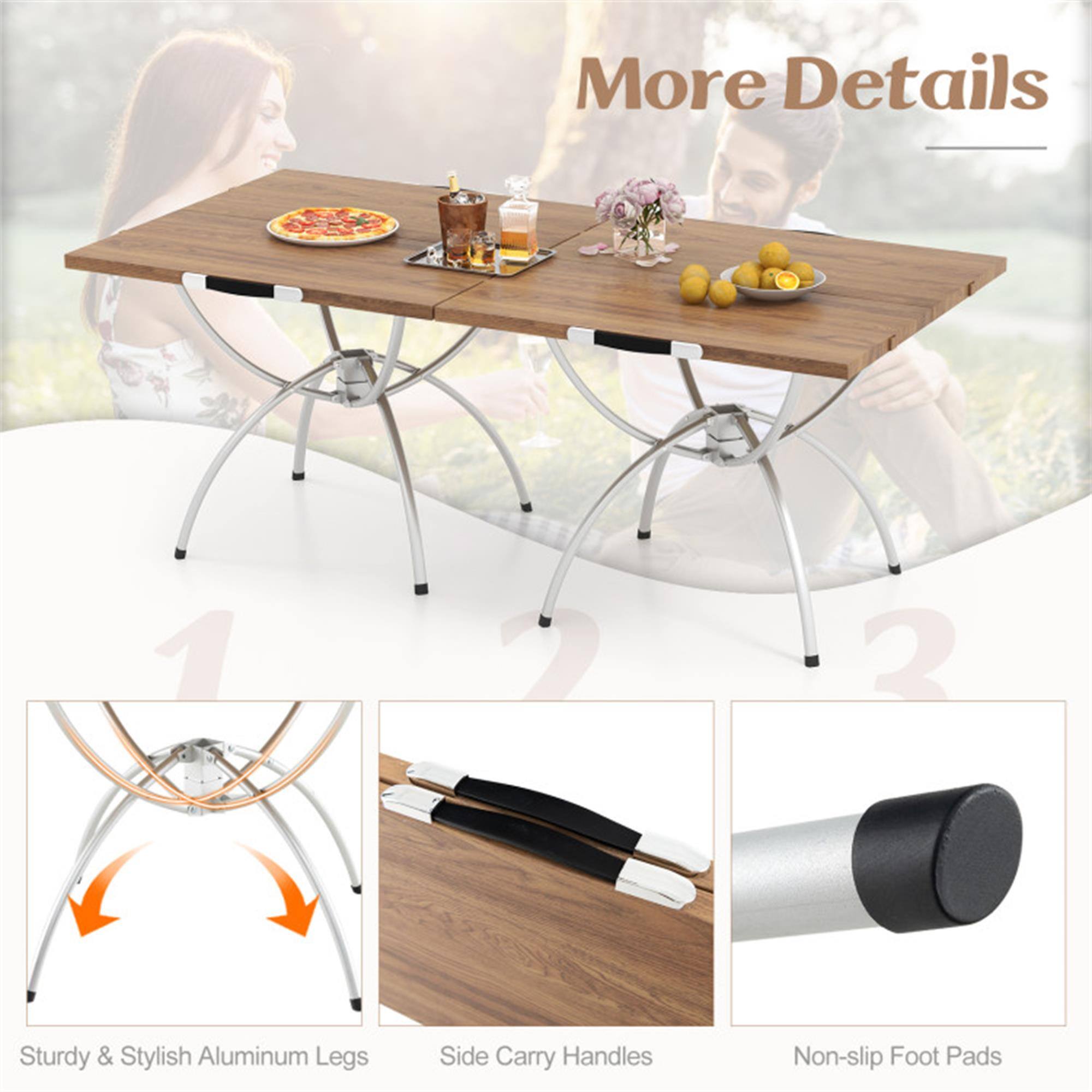 More Details

1. Sturdy & Stylish Aluminum Legs
2. Side Carry Handles
3. Non-slip Foot Pads