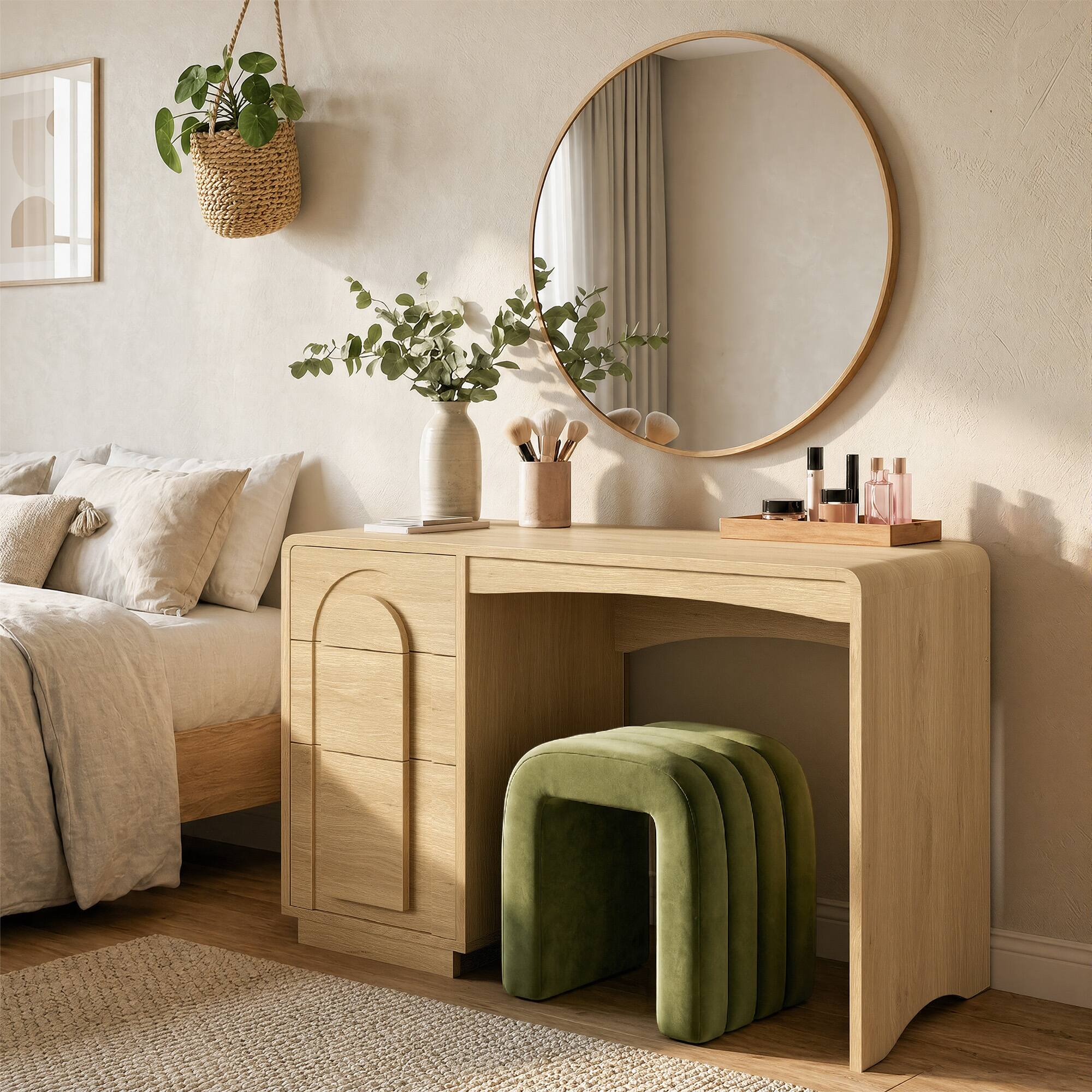 Left. Bestier - 47.2 Inch Office Desk with 3 Versatile Drawers and Sliding Rails, Modern Curved Rounded Corner for Home Office Desk - Natual Oak.