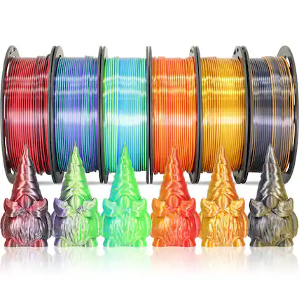 Front. GlowWise - 6-Spool Bicolor Silk PLA Bundle, 1.75mm, 250g each. Features Black-Red, Purple-Green & more. Vibrant dual-color effect..