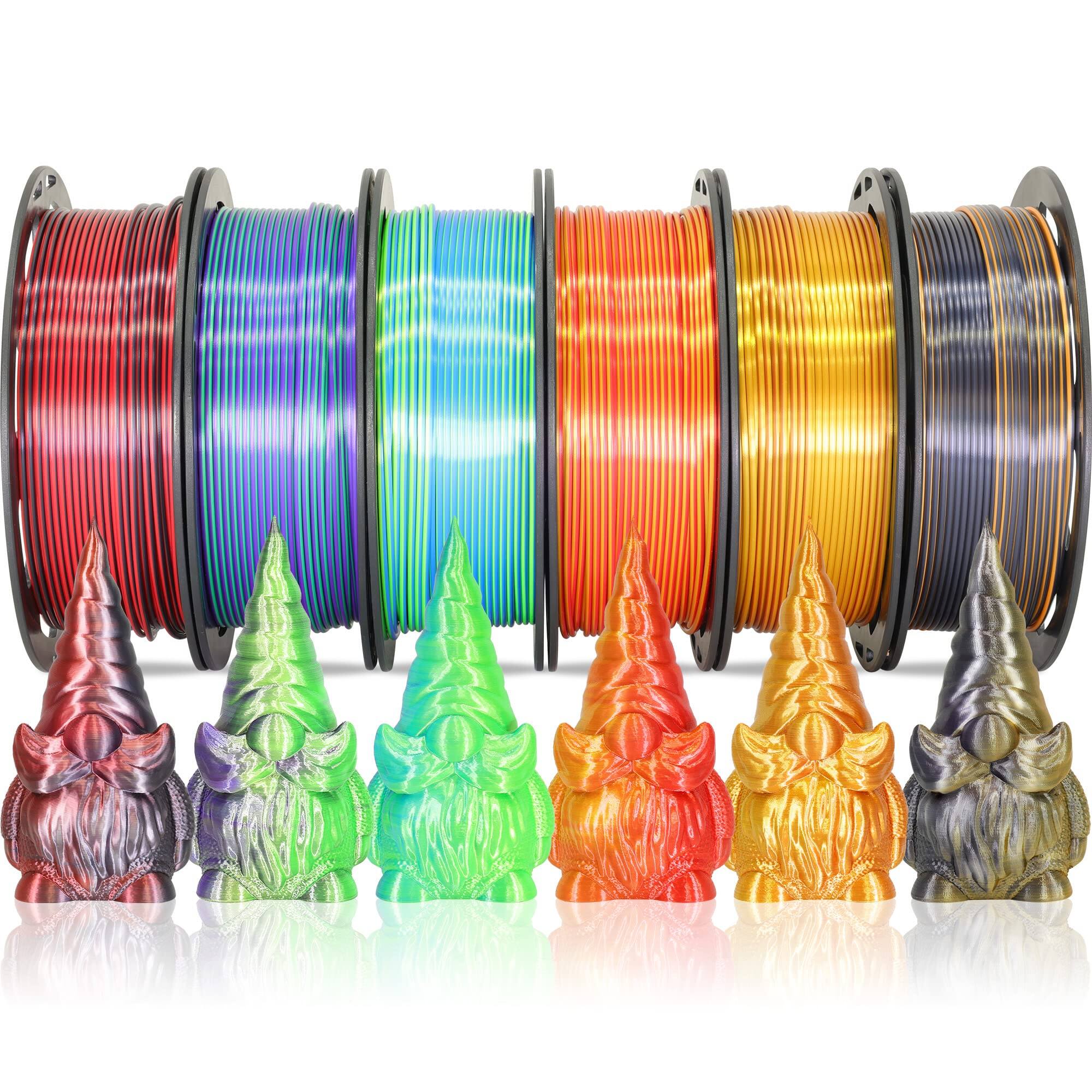 GlowWise - 6-Spool Bicolor Silk PLA Bundle, 1.75mm, 250g each. Features Black-Red, Purple-Green & more. Vibrant dual-color effect.
