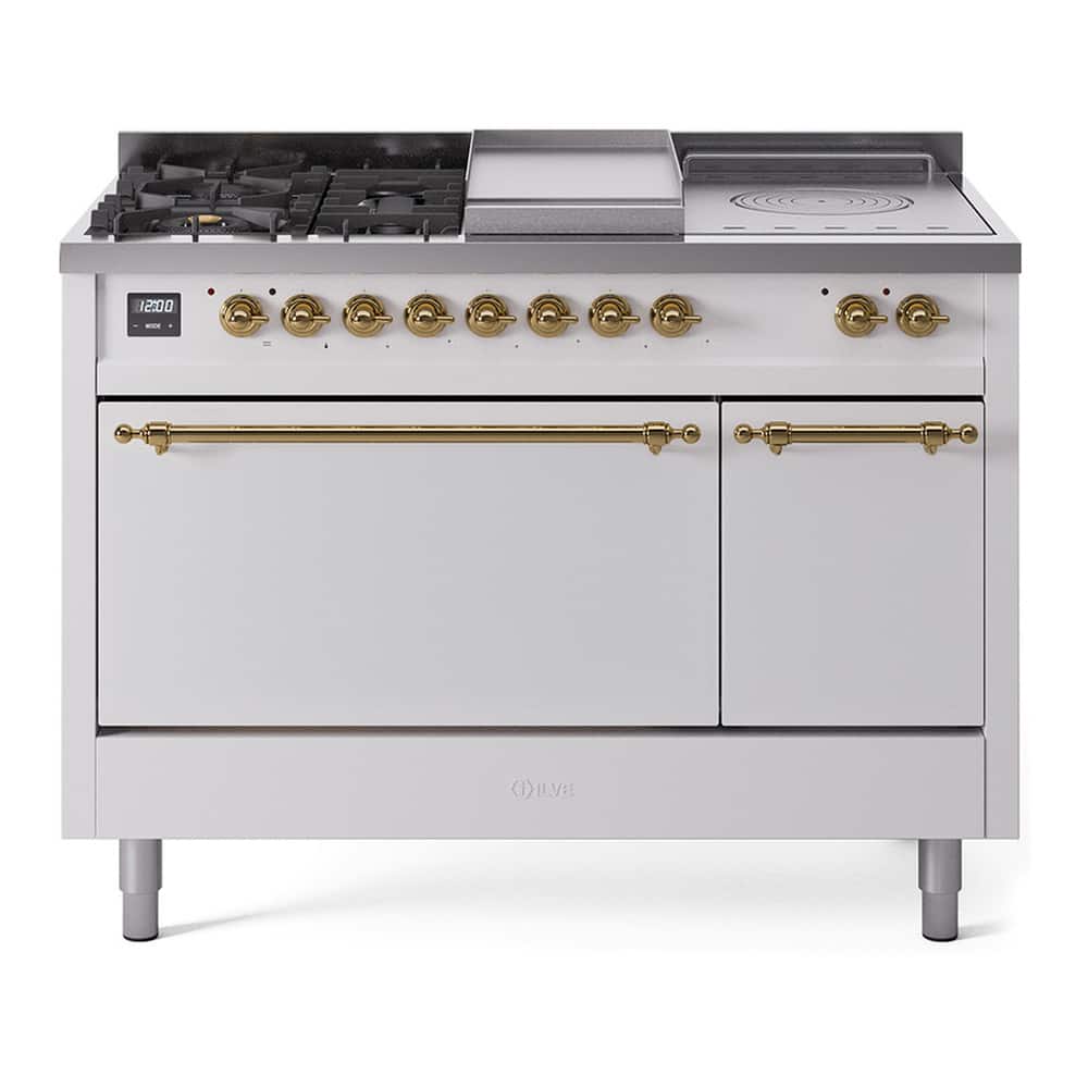 ILVE - Nostalgie II 48 inch Dual Fuel Range with 5 Burners + Griddle (Liquid Propane, White, Brass Trim) - White