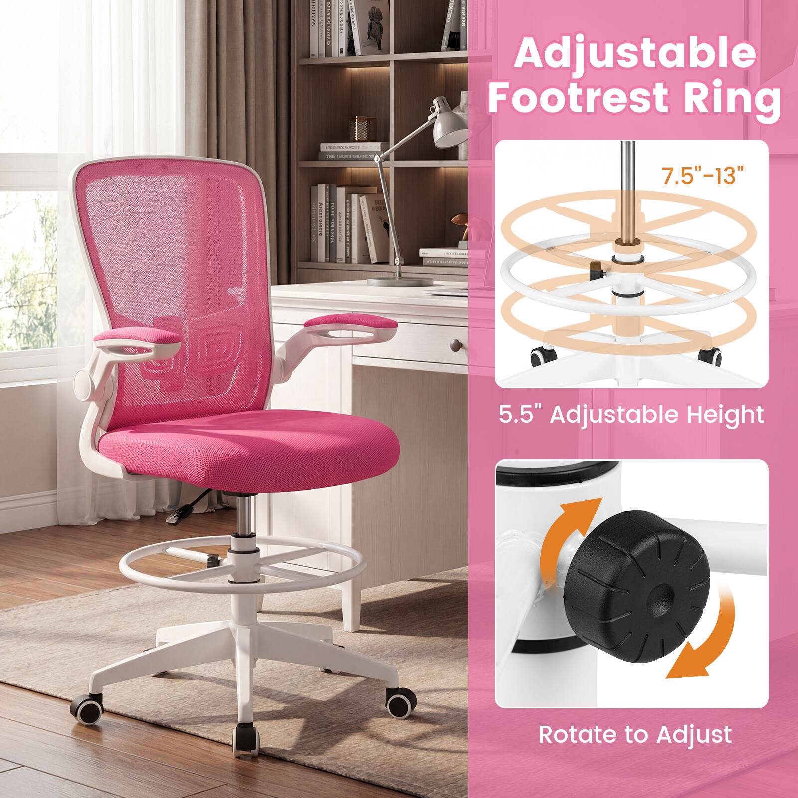 Adjustable Footrest Ring  
7.5" - 13"  
5.5" Adjustable Height  
Rotate to Adjust