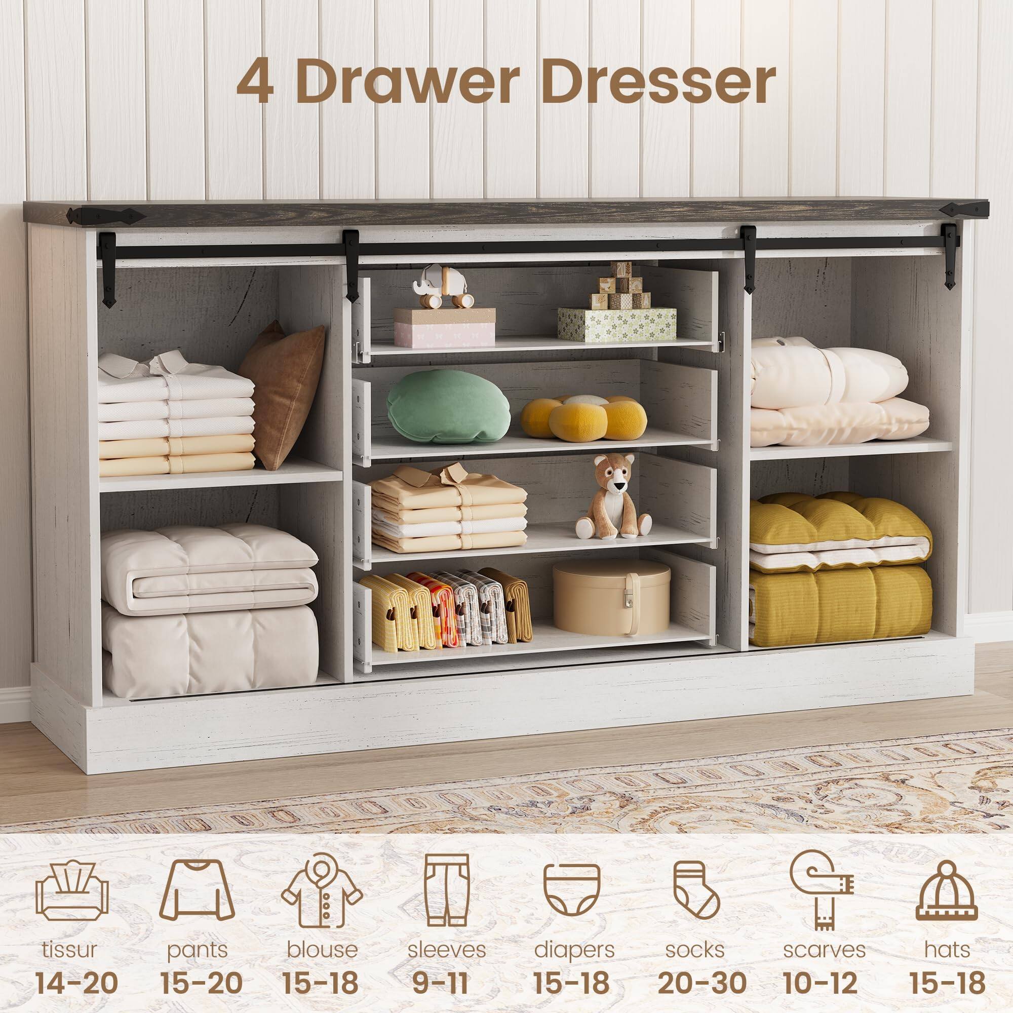 4 Drawer Dresser

tissur 14-20  
pants 15-20  
blouse 15-18  
sleeves 9-11  
diapers 15-18  
socks 20-30  
scarves 10-12  
hats 15-18