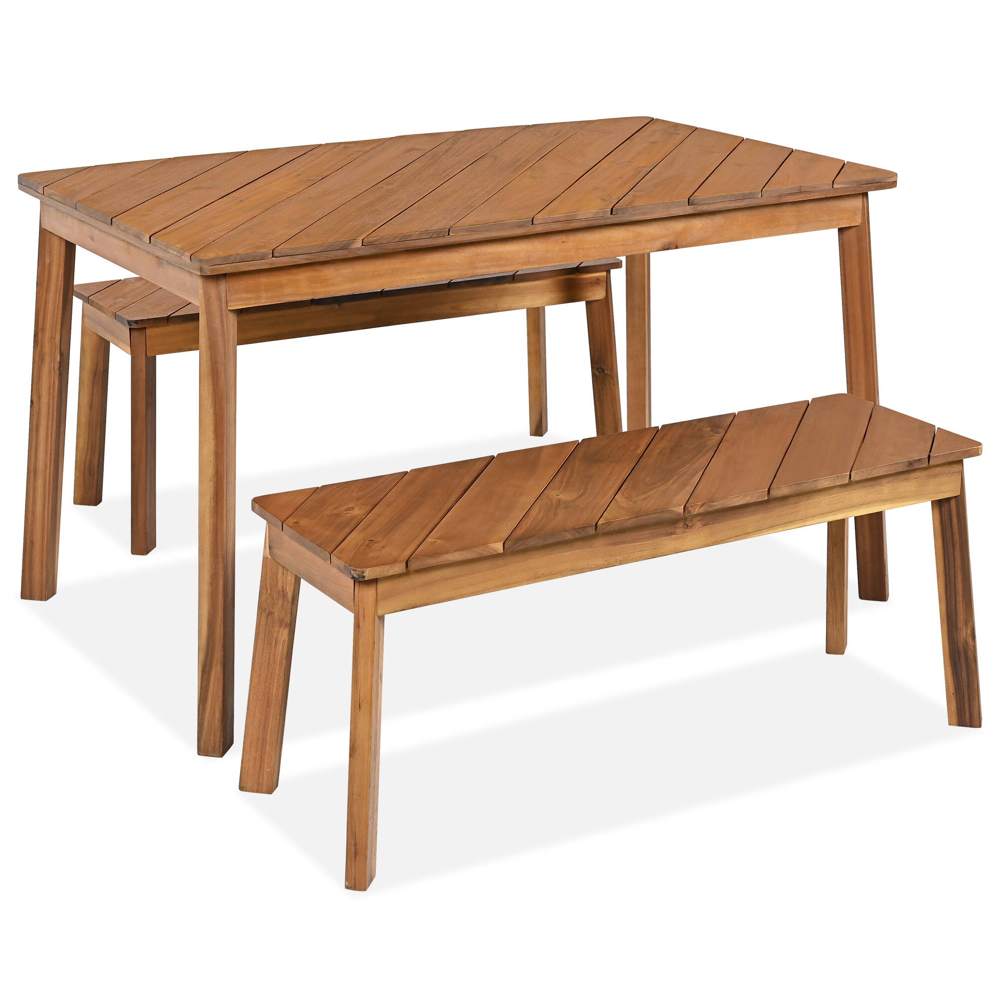 Angle. Whisen - 3-Piece Solid Acacia Wood Dining Set with Table and Two Benches for Patio, Porch & Garden - Natural.