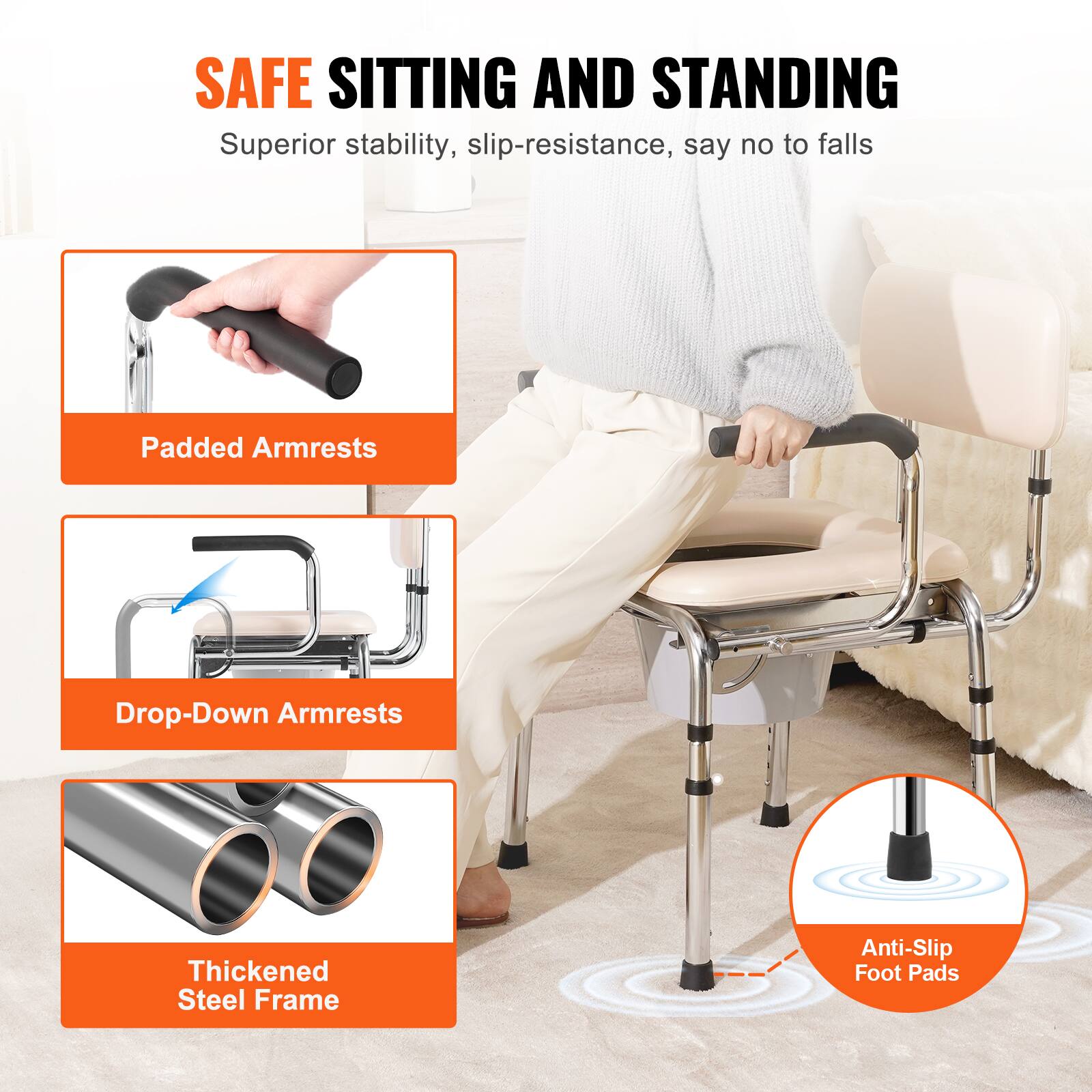 SAFE SITTING AND STANDING
Superior stability, slip-resistance, say no to falls
Padded Armrests
Drop-Down Armrests
Thickened Steel Frame
Anti-Slip Foot Pads