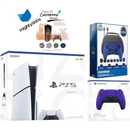 **mighty skins**
**Skins To Customize Your PlayStation 5 Slim Disc Edition**
- One Controller
**MANY DESIGNS TO CHOOSE FROM!**
---
**SONY**
**PlayStation 5**
**PlayStation 5**
**DualSense Wireless Controller**
---
**STARTERPACK**
- 1 x PS5 Controller Accessory Kit
- 1 x PS5 Charging Station for PS5
**DualSense Wireless Controller**
**For PS5**
---
**4K HDR**
**120 FPS**