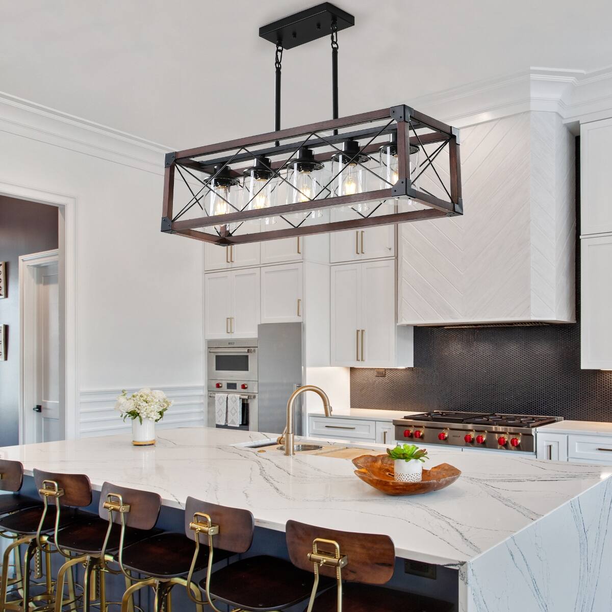 Front. Loheer - Loheer 32 Inch Rectangular Pendant Light, 5-Light Farmhouse Chandelier for Kitchen Island.