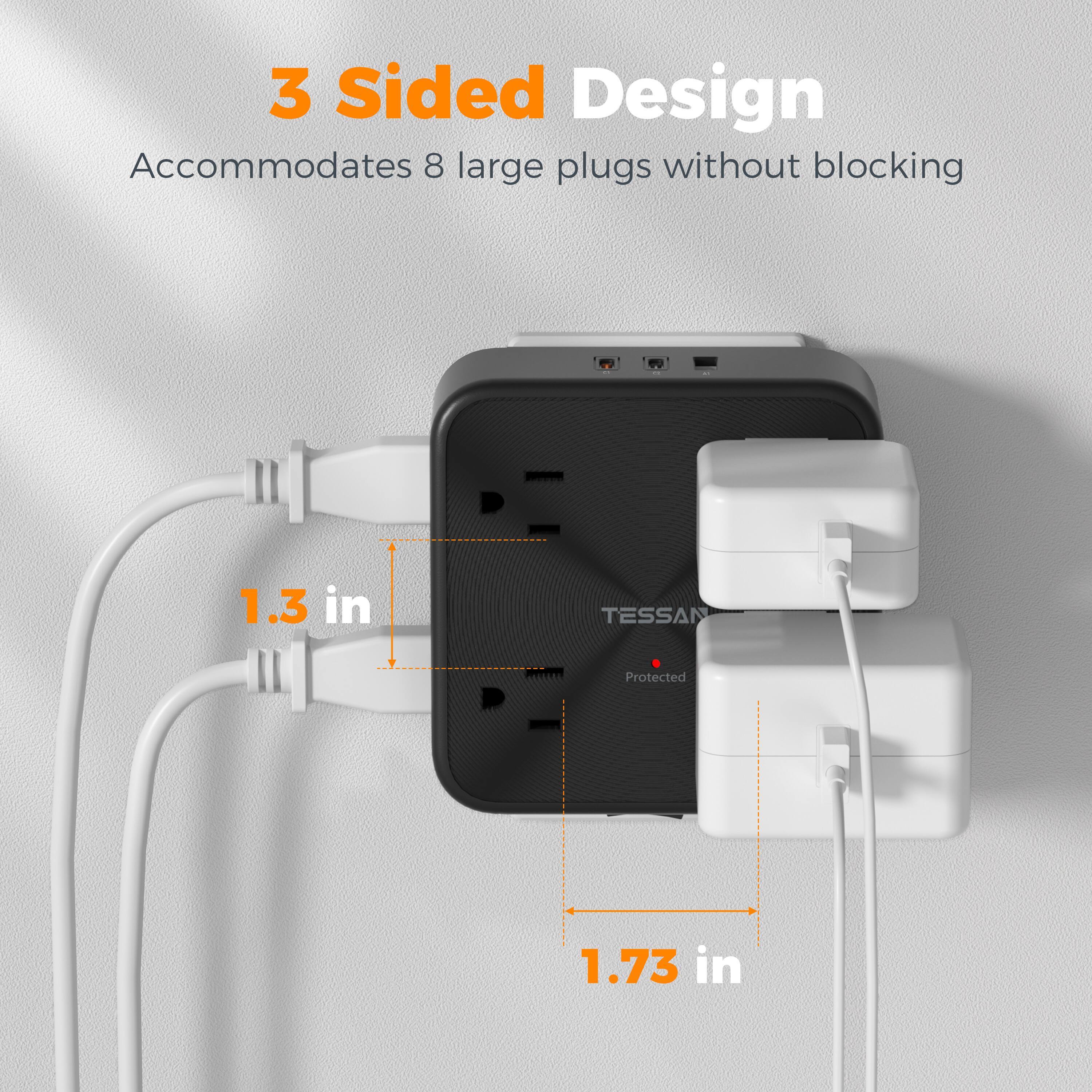 3 Sided Design  
Accommodates 8 large plugs without blocking  
1.3 in  
TESSAN Protected  
1.73 in