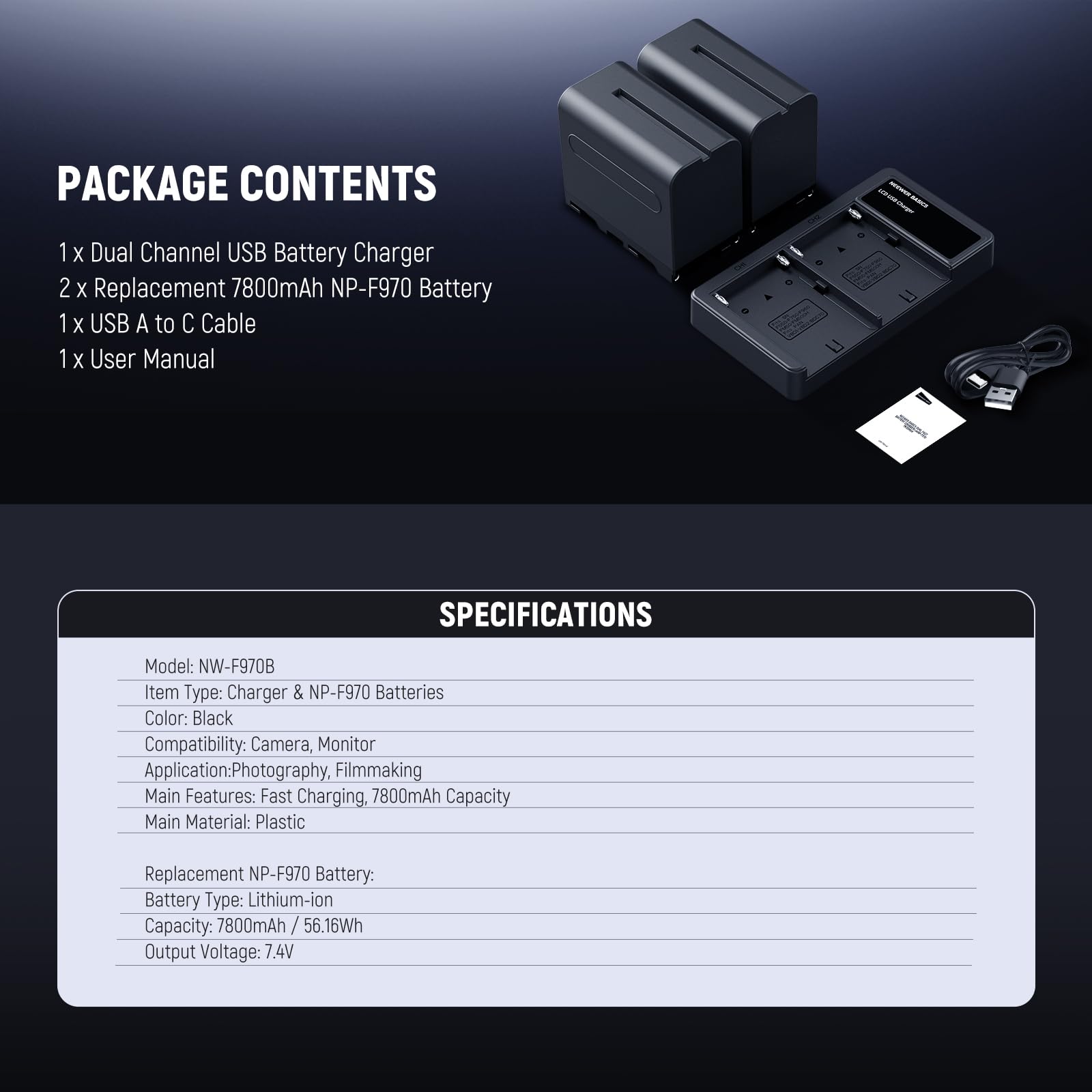PACKAGE CONTENTS  
1 x Dual Channel USB Battery Charger  
2 x Replacement 7800mAh NP-F970 Battery  
1 x USB A to C Cable  
1 x User Manual  

SPECIFICATIONS  
Model: NW-F970B  
Item Type: Charger & NP-F970 Batteries  
Color: Black  
Compatibility: Camera, Monitor  
Application: Photography, Filmmaking  
Main Features: Fast Charging, 7800mAh Capacity  
Main Material: Plastic  

Replacement NP-F970 Battery:  
Battery Type: Lithium-ion  
Capacity: 7800mAh / 56.16Wh  
Output Voltage: 7.4V