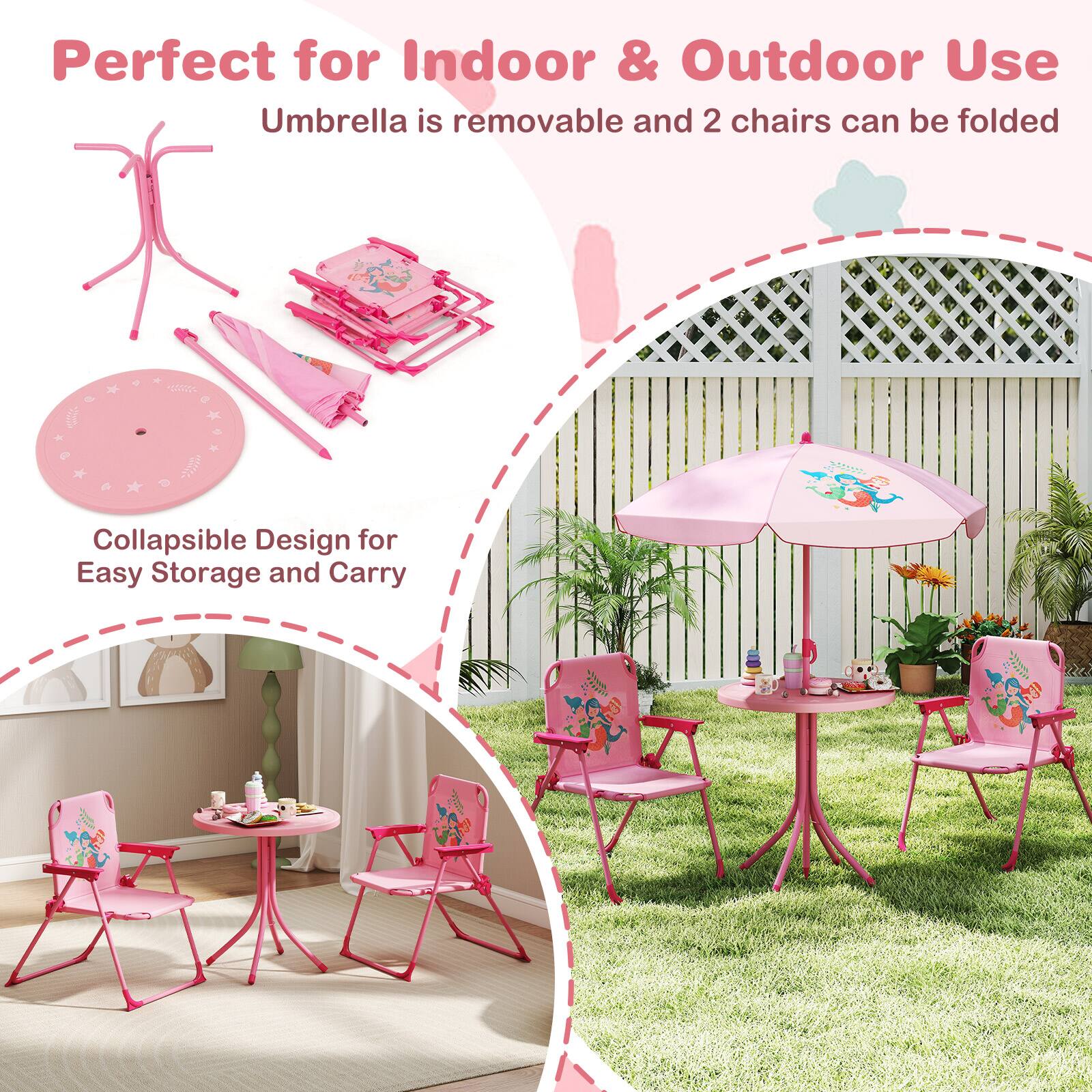 Perfect for Indoor & Outdoor Use  
Umbrella is removable and 2 chairs can be folded  
SN Collapsible Design for Easy Storage and Carry