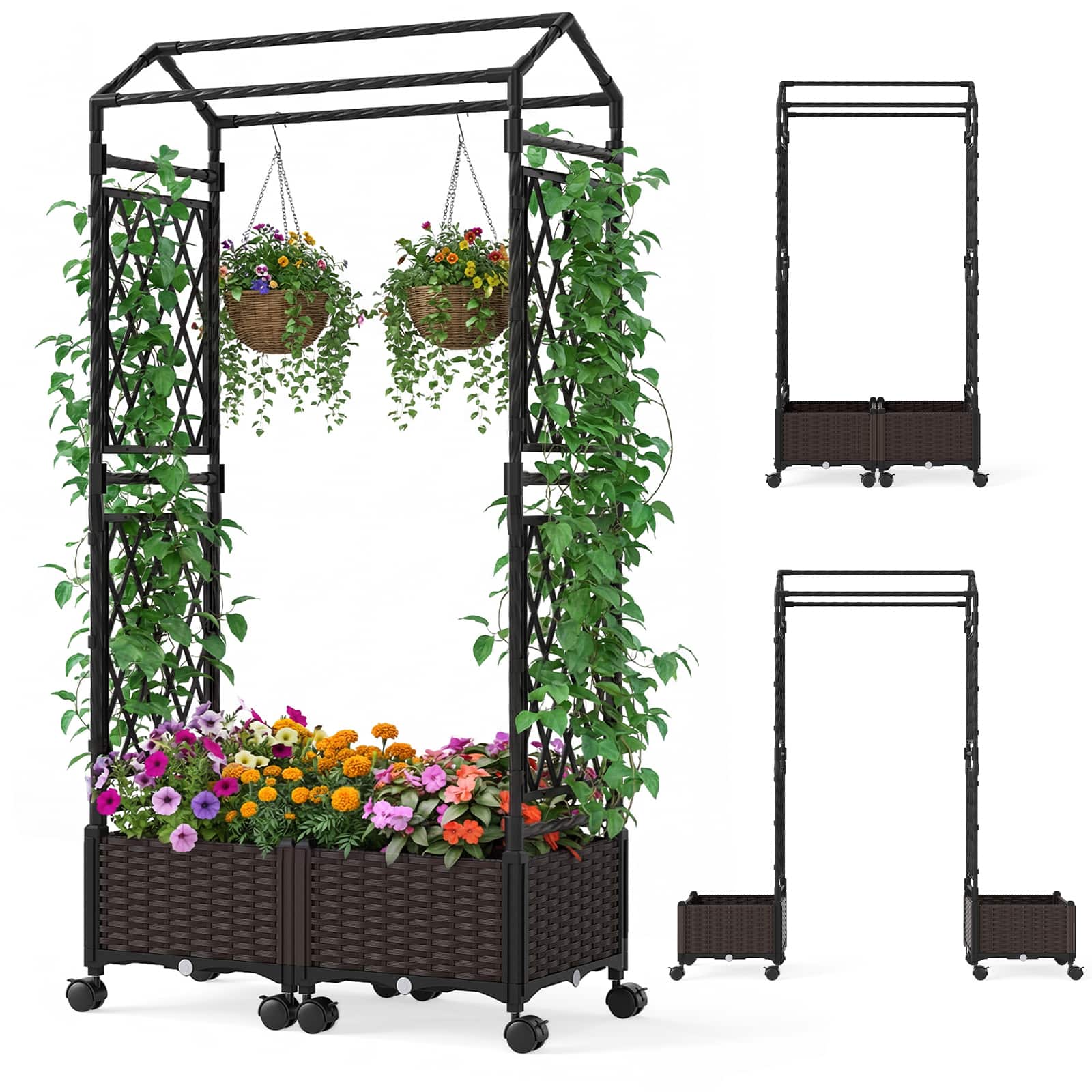 Gymax - Self-Watering Planter Boxes w/ Lattice Trellis & Roof 5.5 FT Tall - Brown