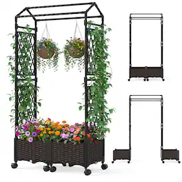 Gymax - Self-Watering Planter Boxes w/ Lattice Trellis & Roof 5.5 FT Tall - Brown