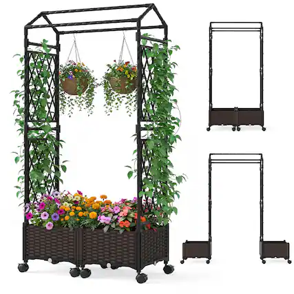 Front. Gymax - Gymax Self-Watering Planter Boxes w/ Lattice Trellis & Roof 5.5 FT Tall - Brown.