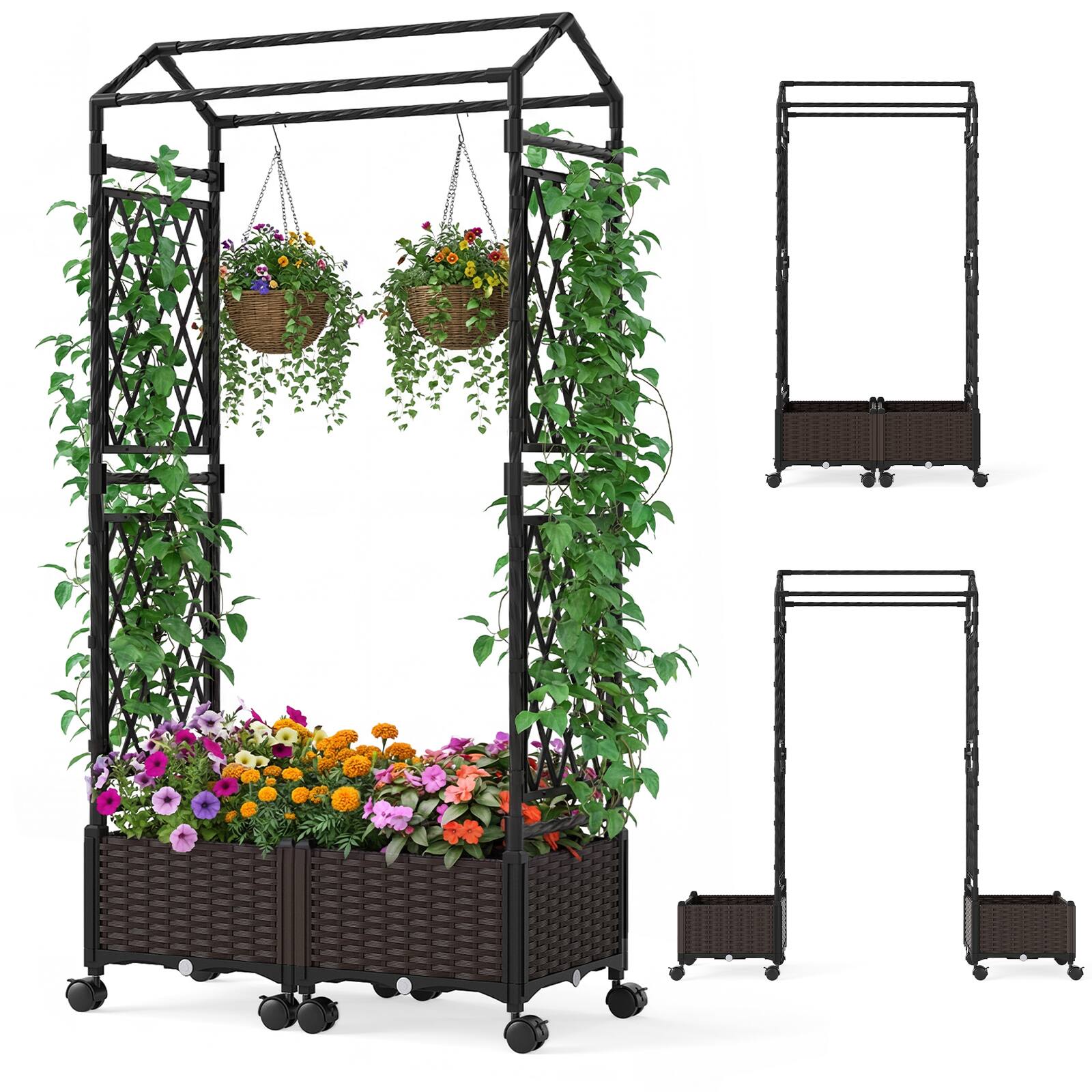 Front. Gymax - Gymax Self-Watering Planter Boxes w/ Lattice Trellis & Roof 5.5 FT Tall - Brown.