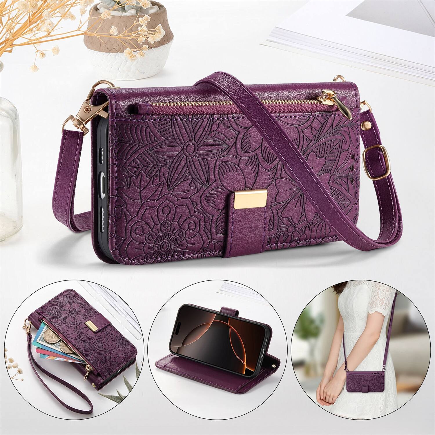 Alt View 7. Dteck - Floral Embossed Leather Zipper Cash Slot Wallet Case for Apple iPhone 16 with Detachable Strap - Purple.