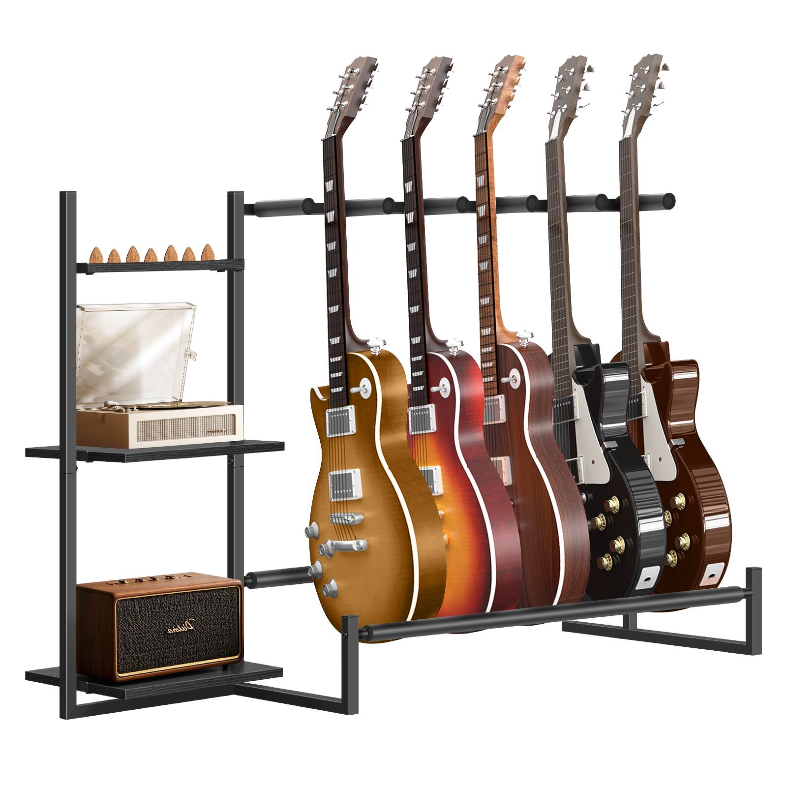 Alt View 1. Oumilen - 5-Slot Guitar Stand with Storage Shelves, Matte Black Metal Frame & Black Wood Boards - Black.