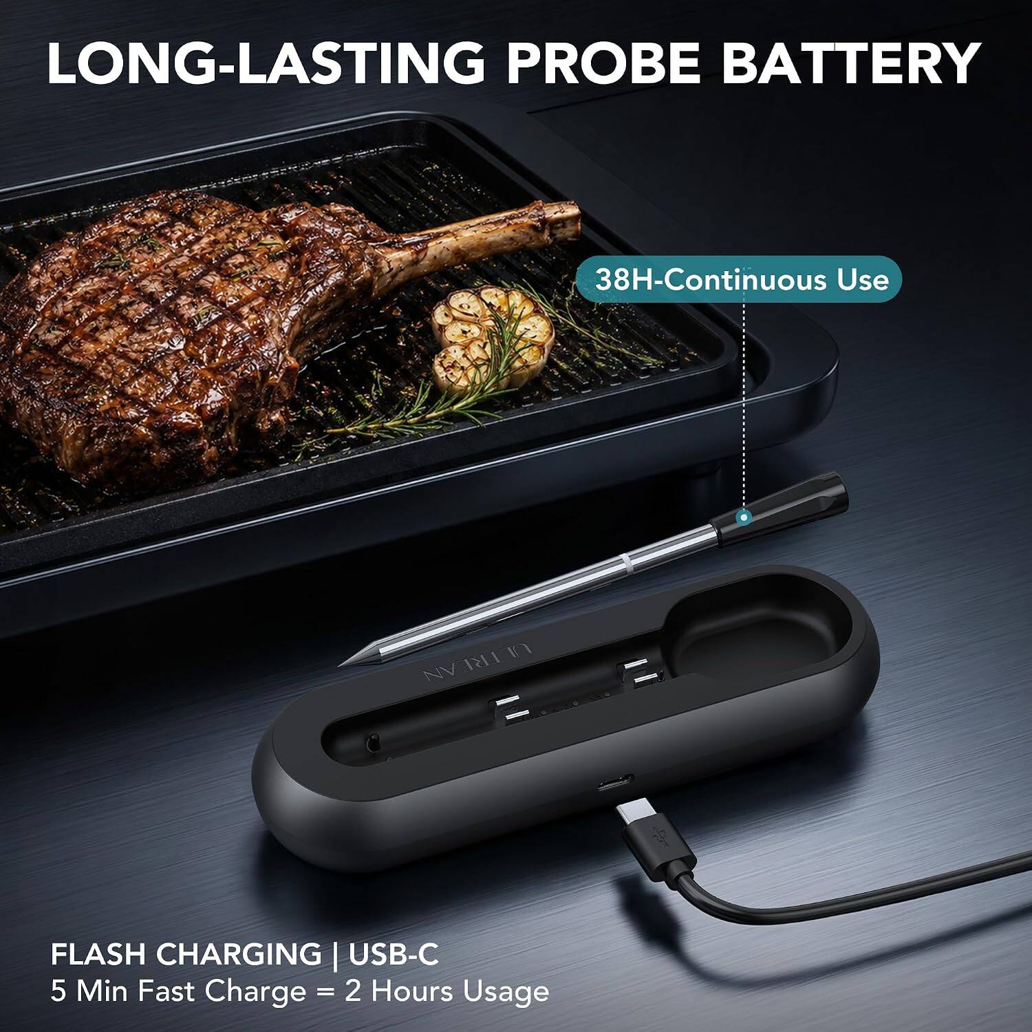 LONG-LASTING PROBE BATTERY  
38H-Continuous Use  

ULTREAN NV FLASH CHARGING | USB-C  
5 Min Fast Charge = 2 Hours Usage