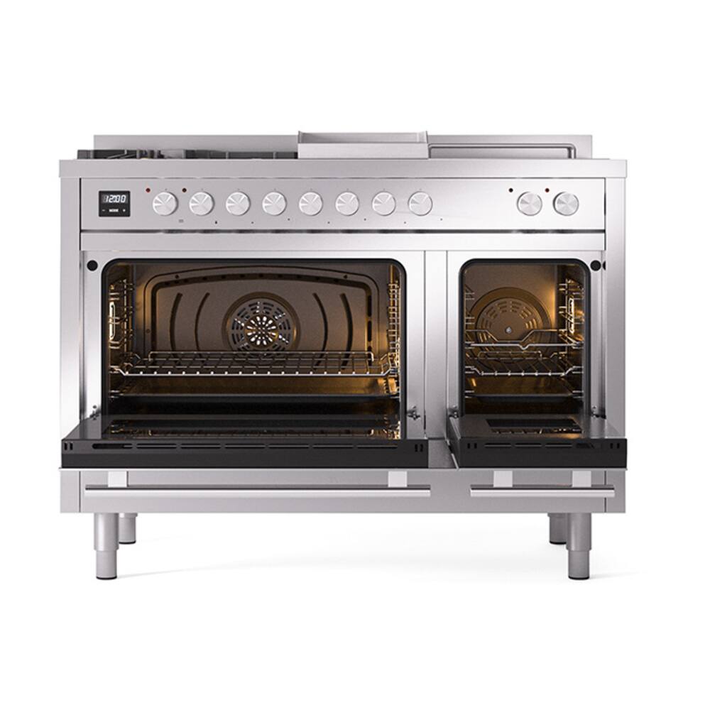 Alt View 1. ILVE - ILVE Professional Plus II Series 48 in. Dual Fuel Range with 5 Sealed Burners + Griddle (Liquid Propane, Satin Trim) - Stainless Steel.