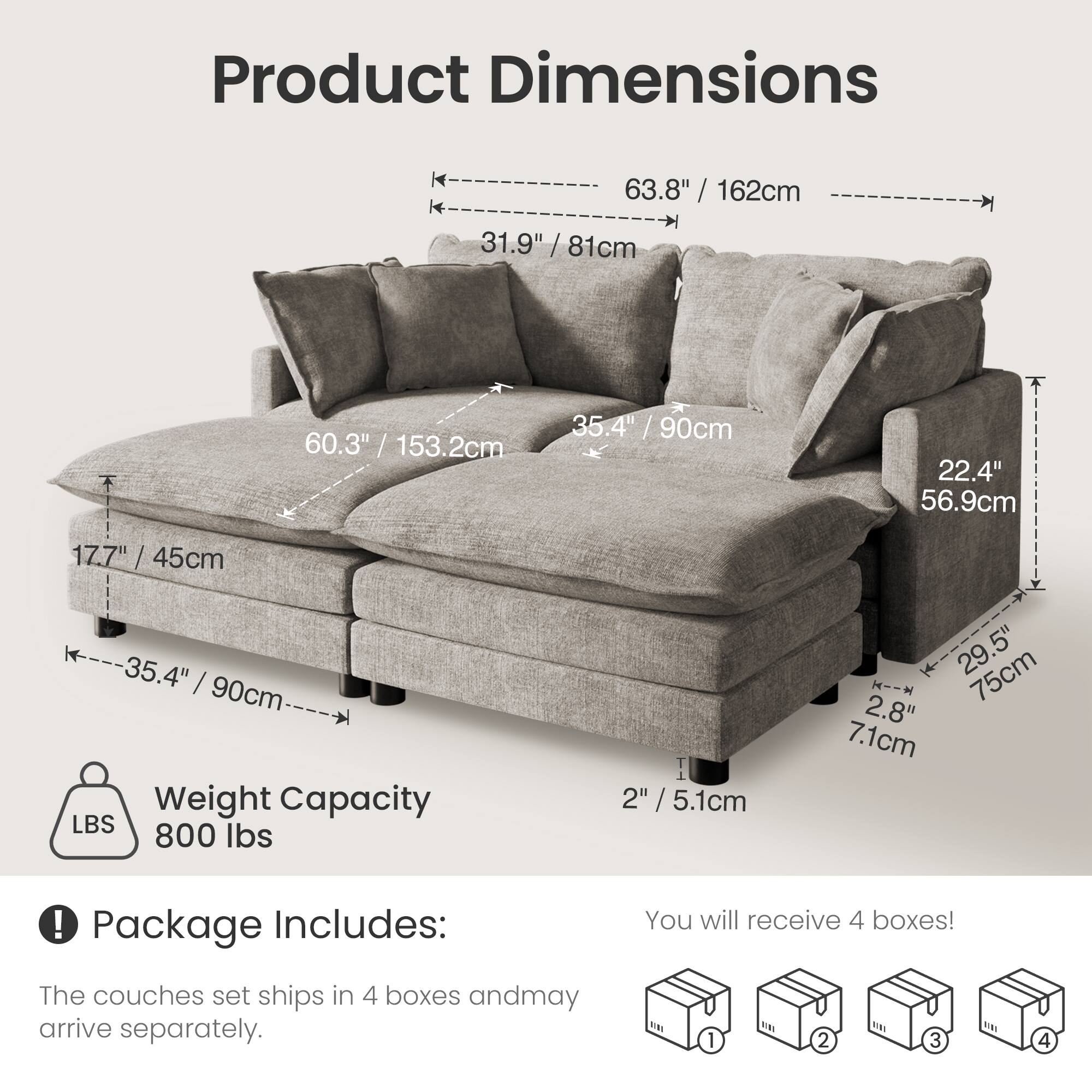 Product Dimensions  
63.8" / 162cm  
31.9" / 81cm  
60.3" / 153.2cm  
35.4" / 90cm  
22.4" / 56.9cm  
17.7" / 45cm  
35.4" / 90cm  
2" / 5.1cm  
29.5" / 75cm  
2.8" / 7.1cm  

Weight Capacity  
800 lbs  

Package Includes:  
You will receive 4 boxes!  
The couches set ships in 4 boxes and may arrive separately.