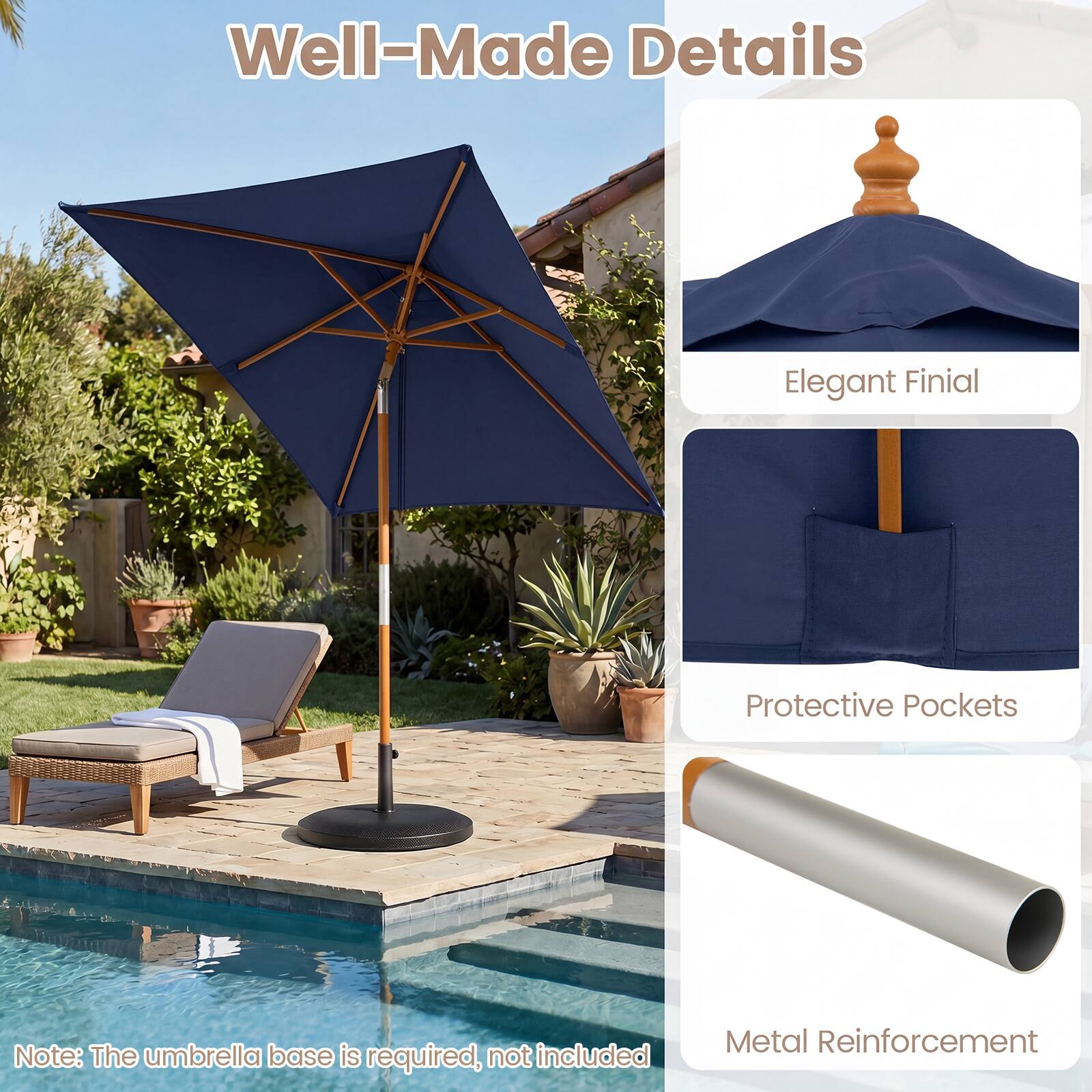 Well-Made Details  
Elegant Finial  
Protective Pockets  
Metal Reinforcement  

Note: The umbrella base is required, not included
