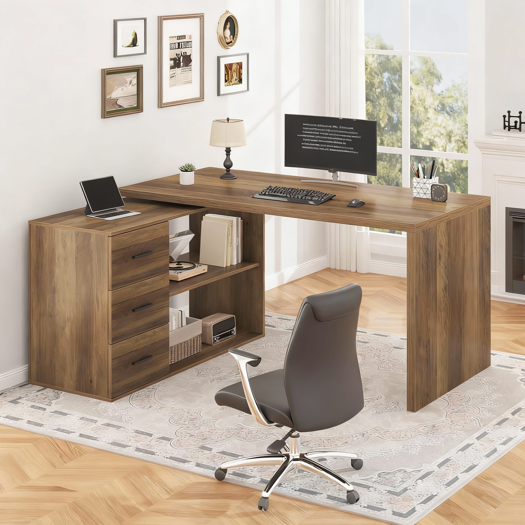 OMOMMD- 360° Rotating L-Desk with Drawers & Shelves, 55" Corner Storage Workstation- Rustic Oak 55 Inch