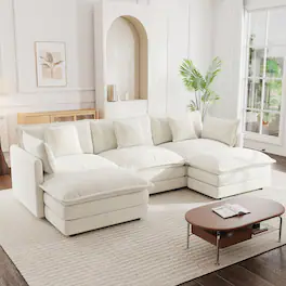 Ropilly - U Shaped Sectional Sofa, White Chenille Convertible Corner Couch with Reversible Footrest and 2 Ottomans - White