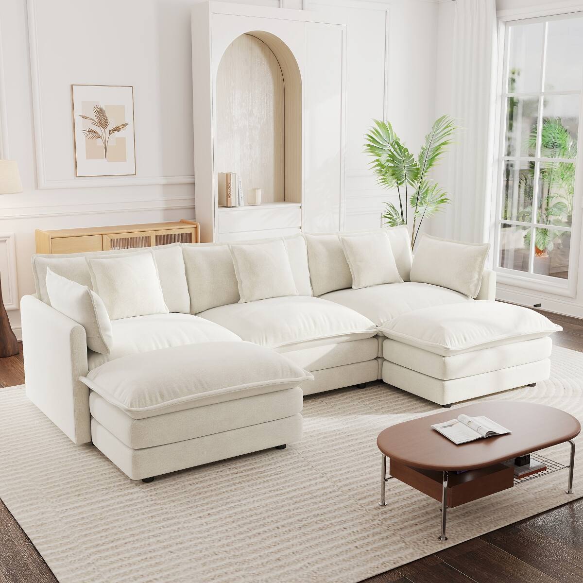 Front. Ropilly - Ropilly U Shaped Sectional Sofa, White Chenille Convertible Corner Couch with Reversible Footrest and 2 Ottomans - White.