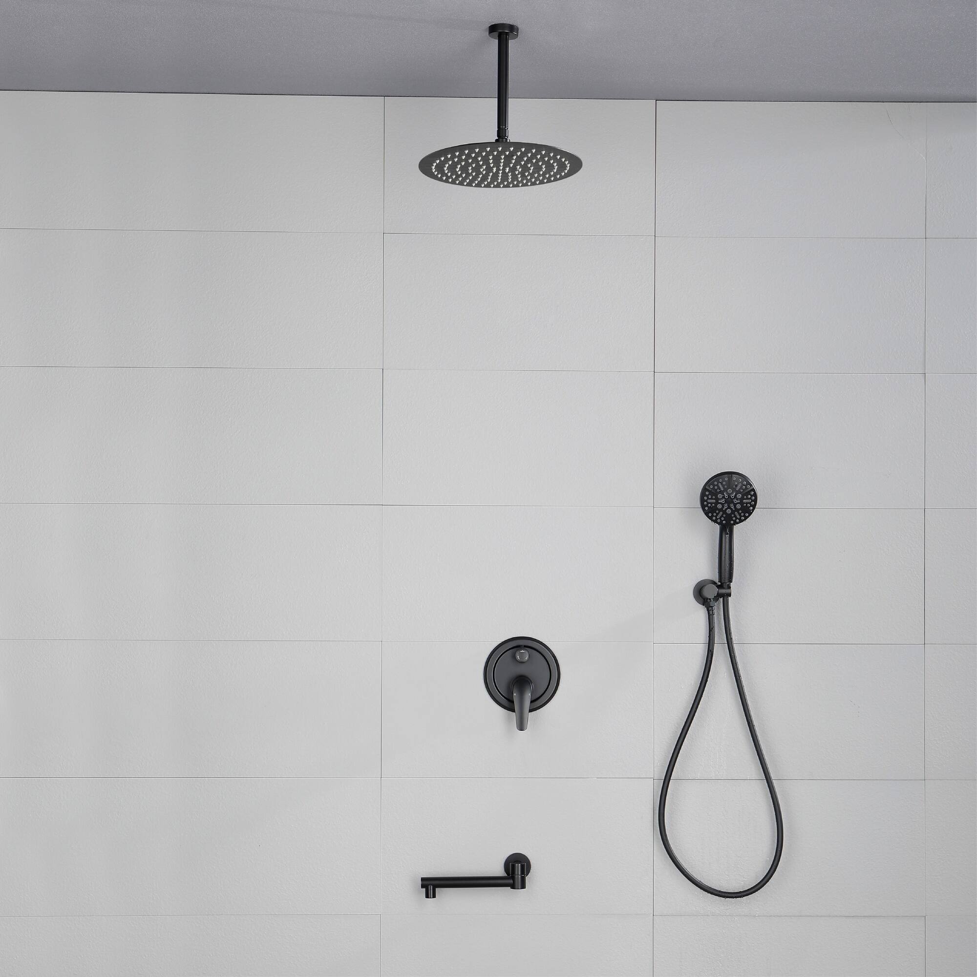 Alt View 3. Boyel Living - Matte Black 12-Inch Rain Shower System Brass SUS304 3-Function Valve 7-Function Handheld 180° Spout cUPC - Black.