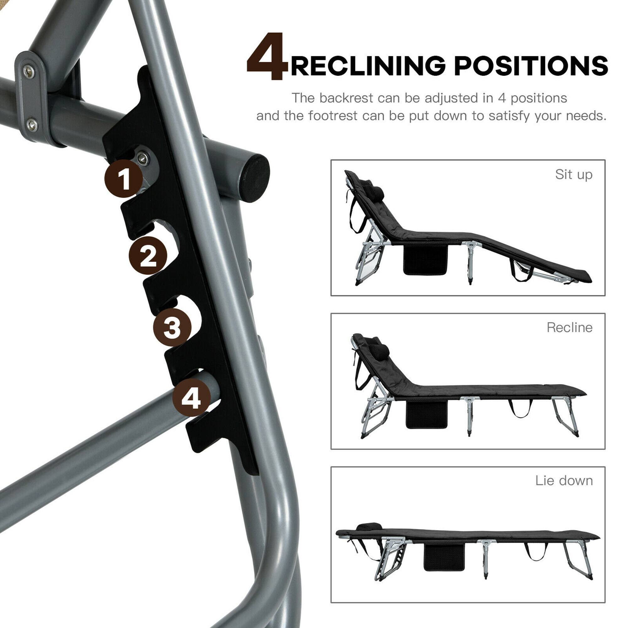 4RECLINING POSITIONS
The backrest can be adjusted in 4 positions and the footrest can be put down to satisfy your needs.
1 Sit up
2 Recline
3 Recline
4 Lie down