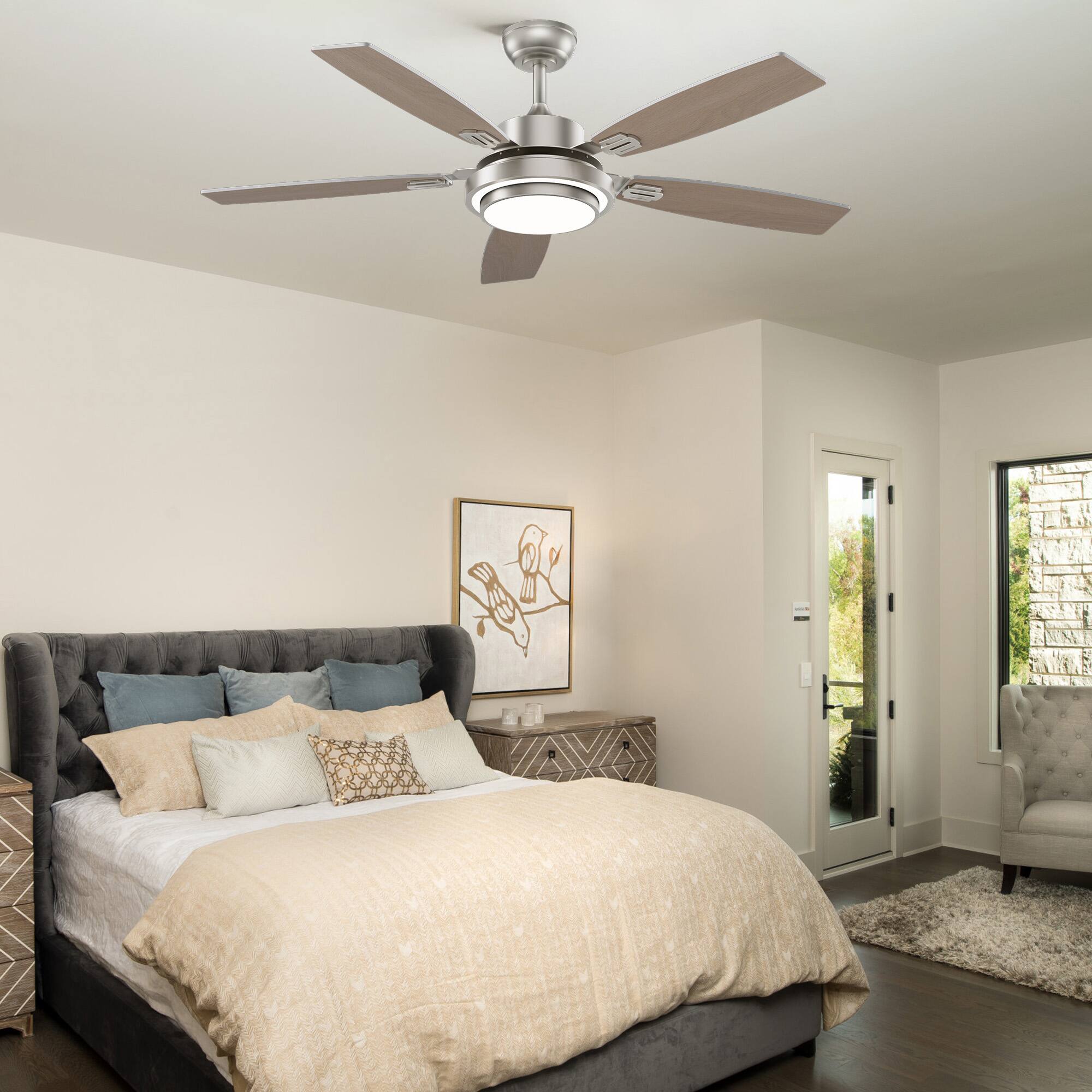 Left. Siljoy - 52-in Nickel Ceiling Fan with Nickel or Oak Color Blades Ceiling Fan With Light-Remote Included - Nickel.