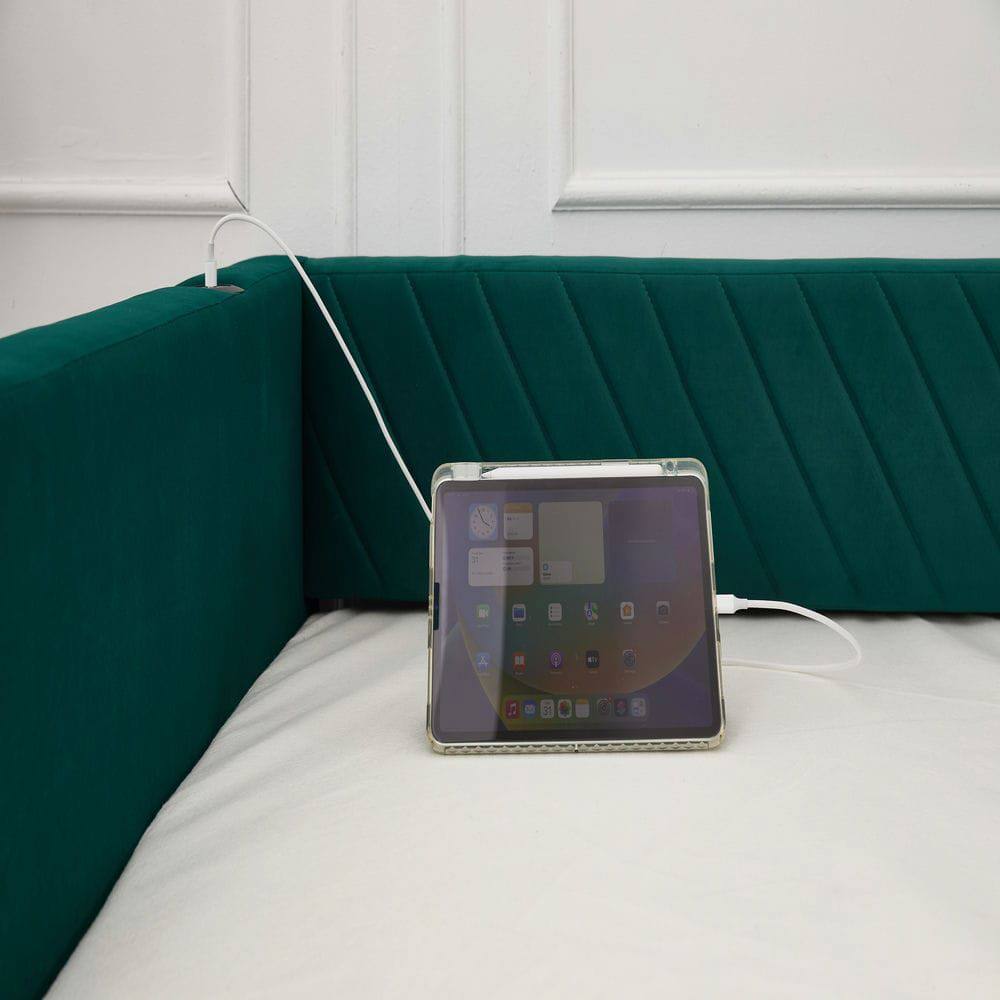 Alt View 10. Kadyn - Twin Upholstered Daybed with Trundle, USB Port & Side Pockets, Modern V-Grain Backrest, No Box Spring - Green.