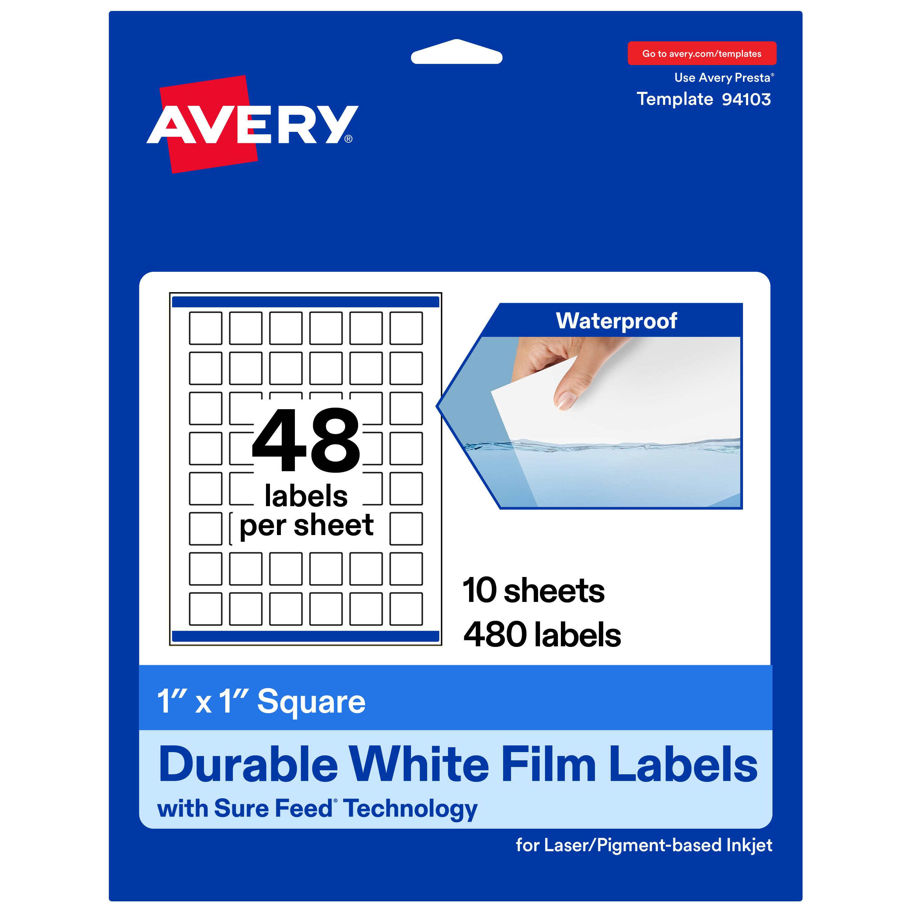Go to avery.com/templates  
Use Avery Presta™ Template 94103  

Waterproof  
48 labels per sheet  
10 sheets  
480 labels  

1" x 1" Square  
Durable White Film Labels with Sure Feed™ Technology for Laser/Pigment-based Inkjet
