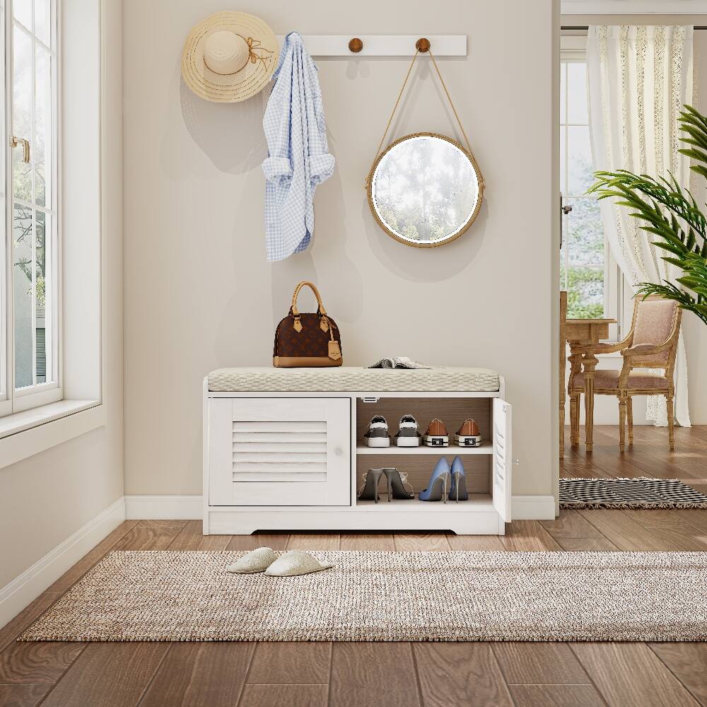 Front. Ropilly - Ropilly 28.7 Inch White Shoe Storage Bench with Cushion, Entryway Shoe Cabinet with Adjustable Shelves for Hallway - White.