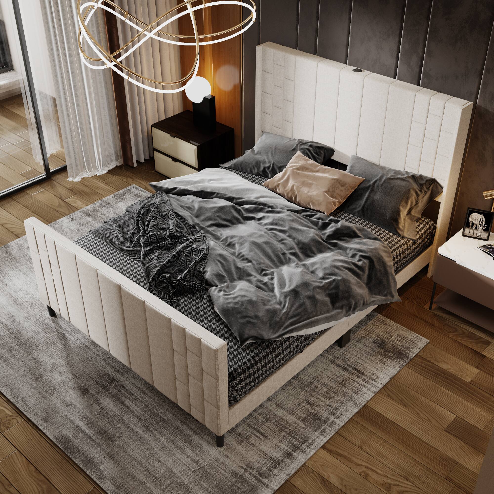 Alt View 10. Famapy - Famapy Upholstered Bed Frame: USB - Equipped, Reinforced Slats & Modern Design - White.