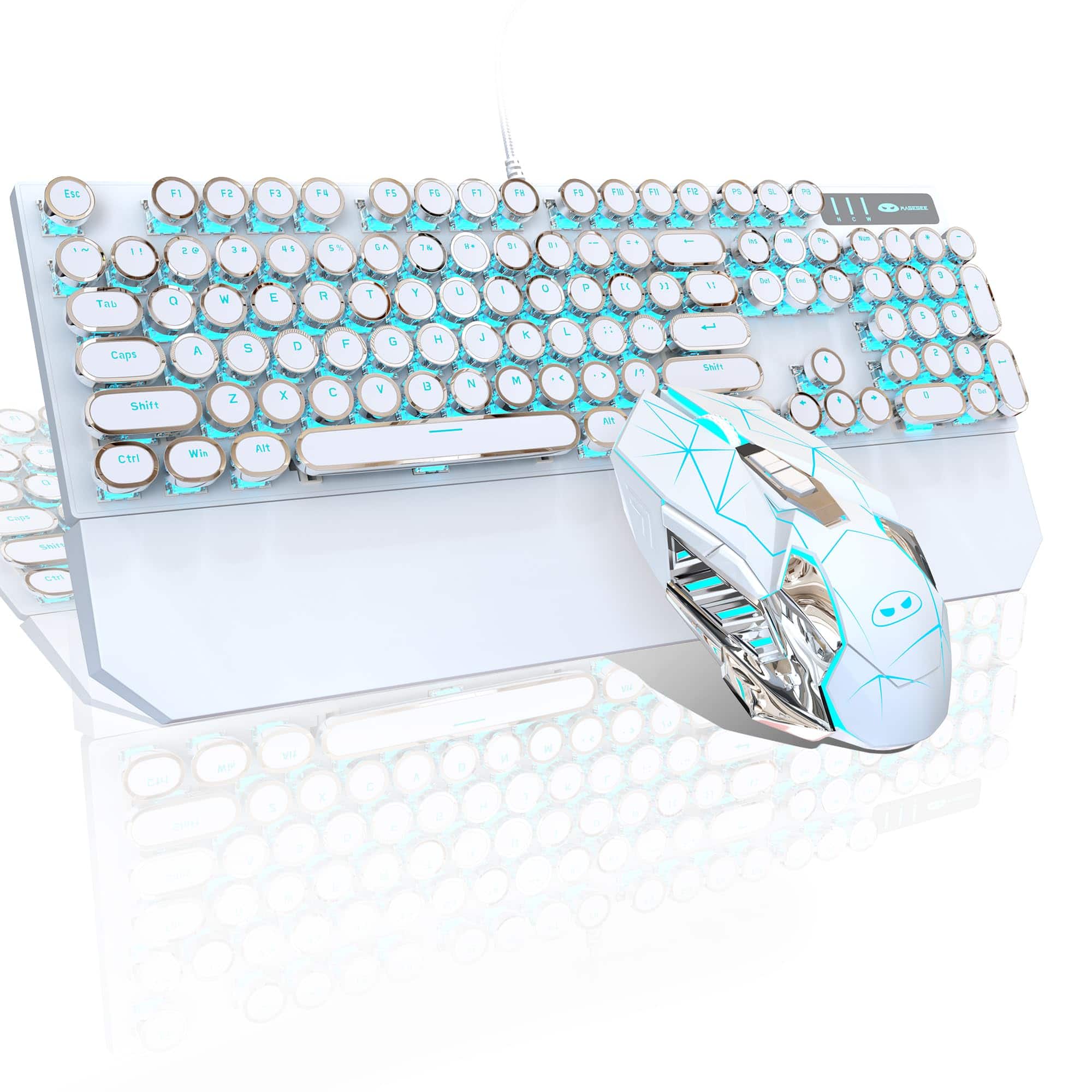 TECH SAFARI - Typewriter Mechanical Gaming And Mouse Combo Retro Punk Round Keycaps Rgb Rainbow Backlit Wired For Game Of - White and Blue