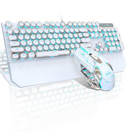 TECH SAFARI - Typewriter Mechanical Gaming And Mouse Combo Retro Punk Round Keycaps Rgb Rainbow Backlit Wired For Game Of - White and Blue