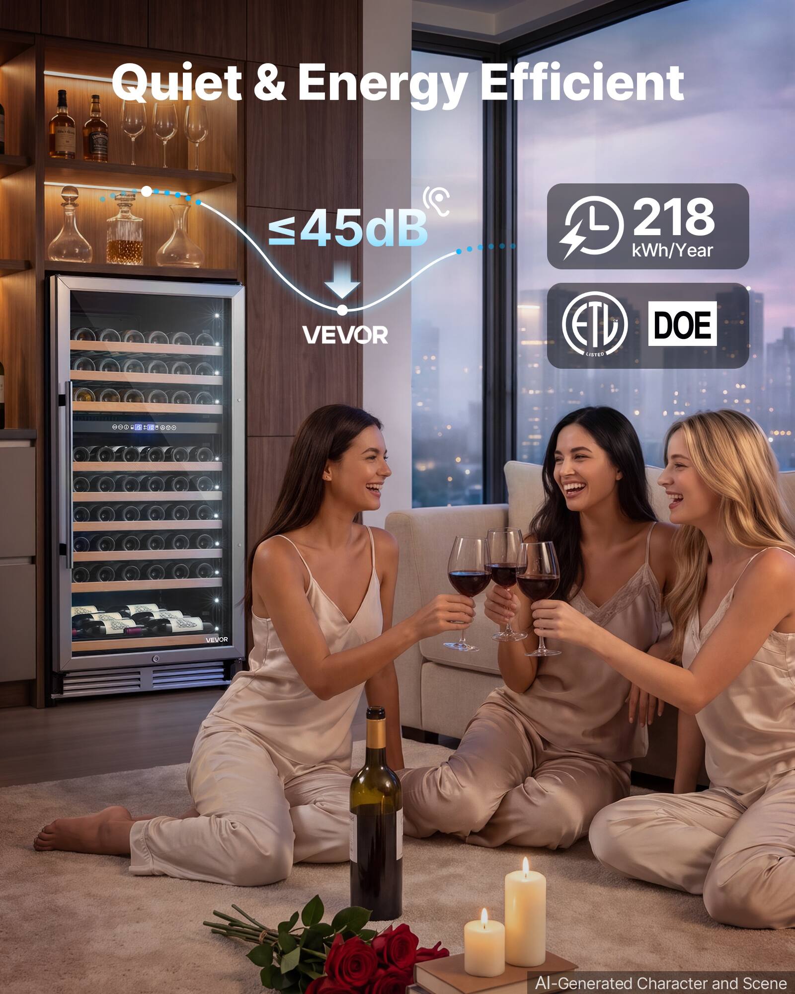 Quiet & Energy Efficient  
≤45dB  
218 kWh/Year  
VEVOR  
ETU LISTED  
DOE  
AI-Generated Character and Scene