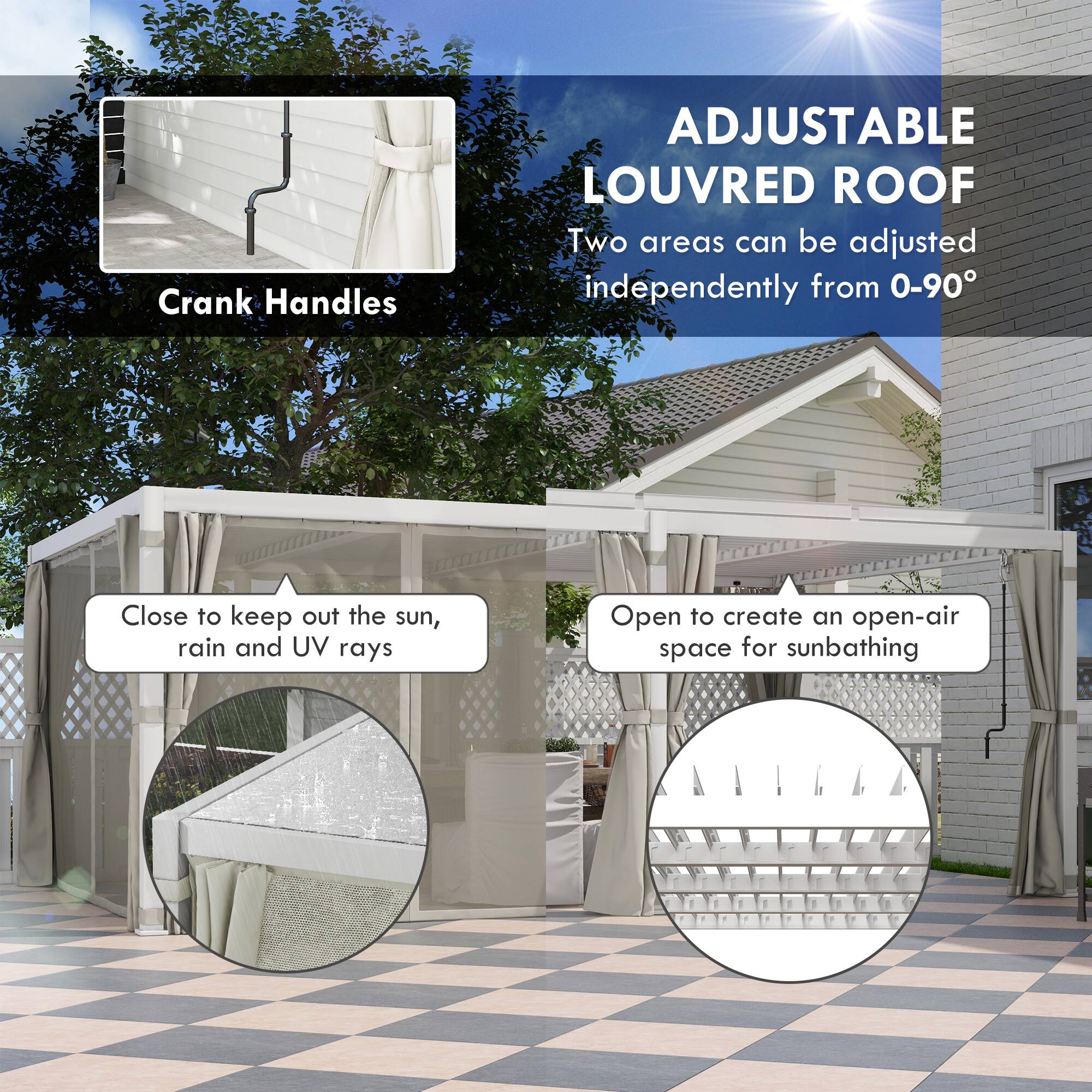 Crank Handles

ADJUSTABLE LOUVRED ROOF  
Two areas can be adjusted independently from 0-90°

Close to keep out the sun, rain and UV rays

Open to create an open-air space for sunbathing
