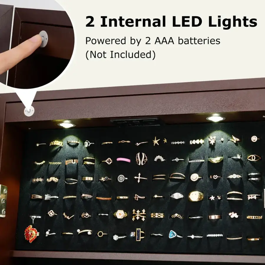 The text on the image reads: "2 Internal LED Lights Powered by 2 AAA batteries (Not Included)."