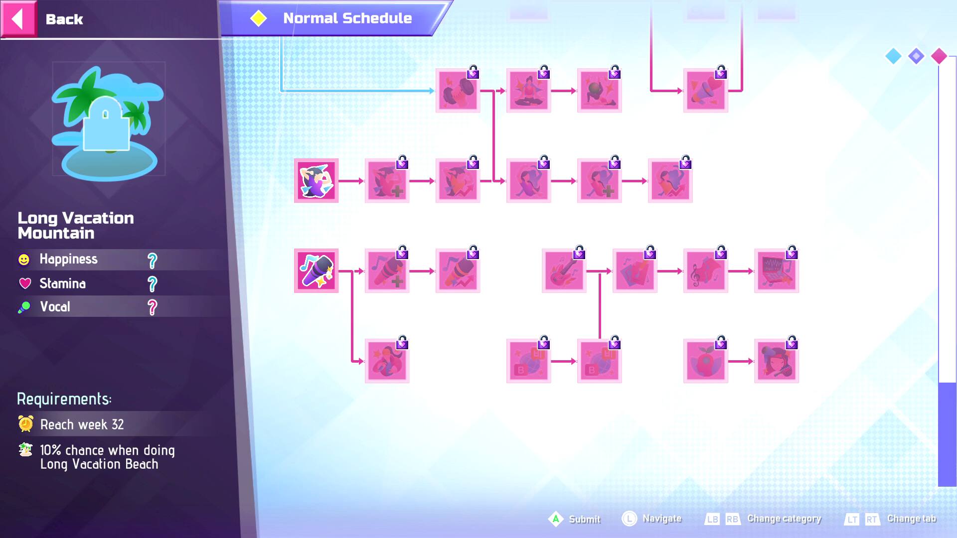 Back  
Normal Schedule  

Long Vacation Mountain  
- Happiness  
- Stamina ?  
- Vocal ?  

Requirements:  
- Reach week 32  
- 10% chance when doing Long Vacation Beach  

Submit  
Navigate  
LB RB  
Change category  
LT RT  
Change tab