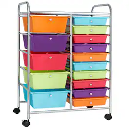 Gymax - 15 Drawer Rolling Storage Cart Opaque Drawers Home Organizer Rainbow - Multicolor