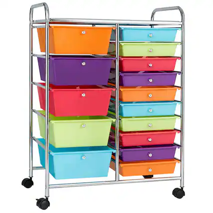 Front. Gymax - Gymax 15 Drawer Rolling Storage Cart Opaque Multicolor Drawers Home Organizer Rainbow - Multicolor.