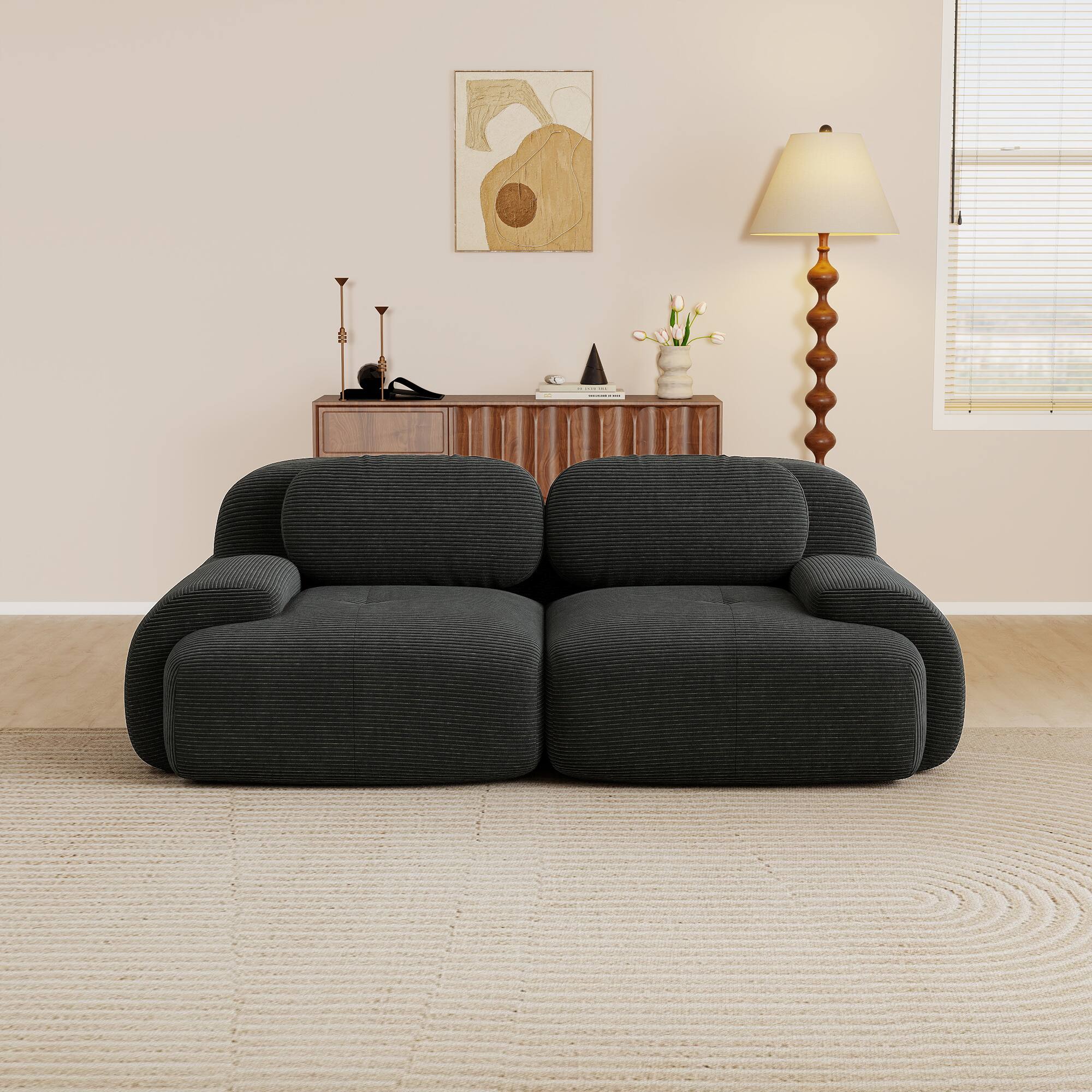 Angle. Aukfa - 2 seats Modular Corduroy Sectional Sofa with Ergonomic Support - Pet Friendly, Easy Assembly, Non-Slip Base Design - Black.