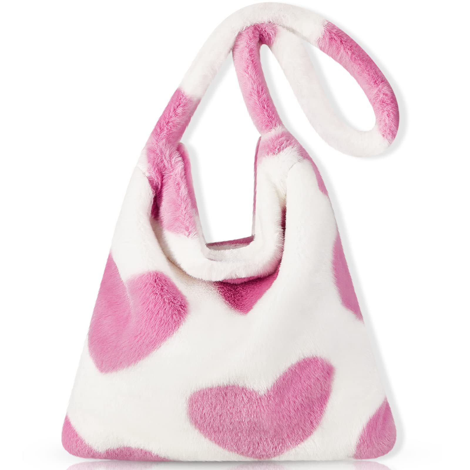 Front. Vulpecula Spade - Fluffy Shoulder Tote Bag for Women White Furry Purse Handbag for Spring Easter Gifts - Pink.