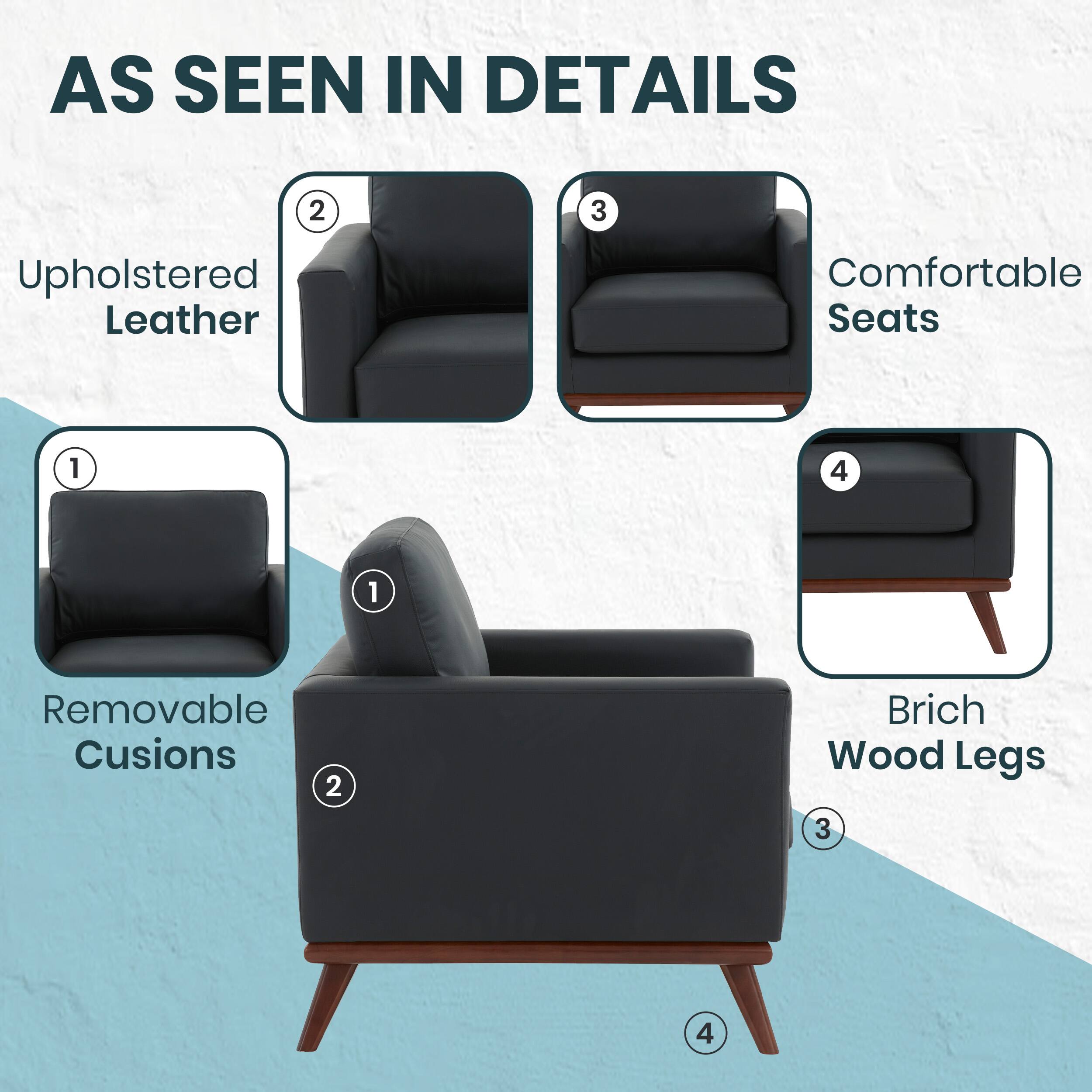 AS SEEN IN DETAILS

1. Upholstered Leather
2. Comfortable Seats
3. Removable Cushions
4. Birch Wood Legs