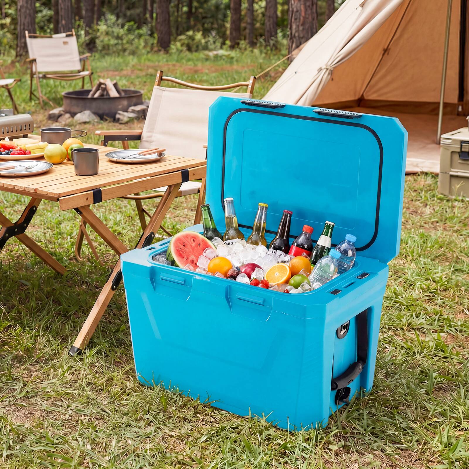 Alt View 3. Gymax - Gymax 37 QT Insulated Portable Cooler w/2 Cup Holders Bottle Opener & Drain Plug Blue - Blue.