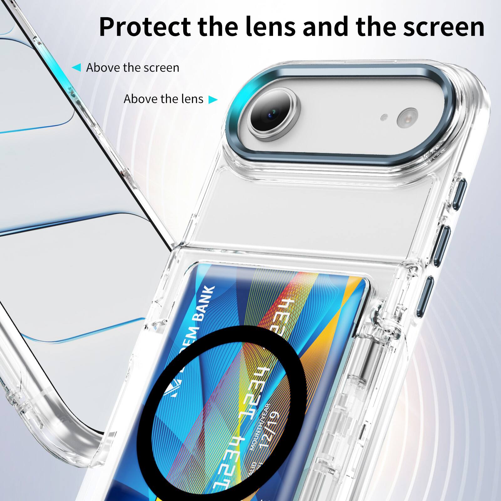 Protect the lens and the screen  
Above the screen  
Above the lens  

BANK  
HEE EM  
1234  
PEAR  
MOUNTH  
12/19  
1234  
CH