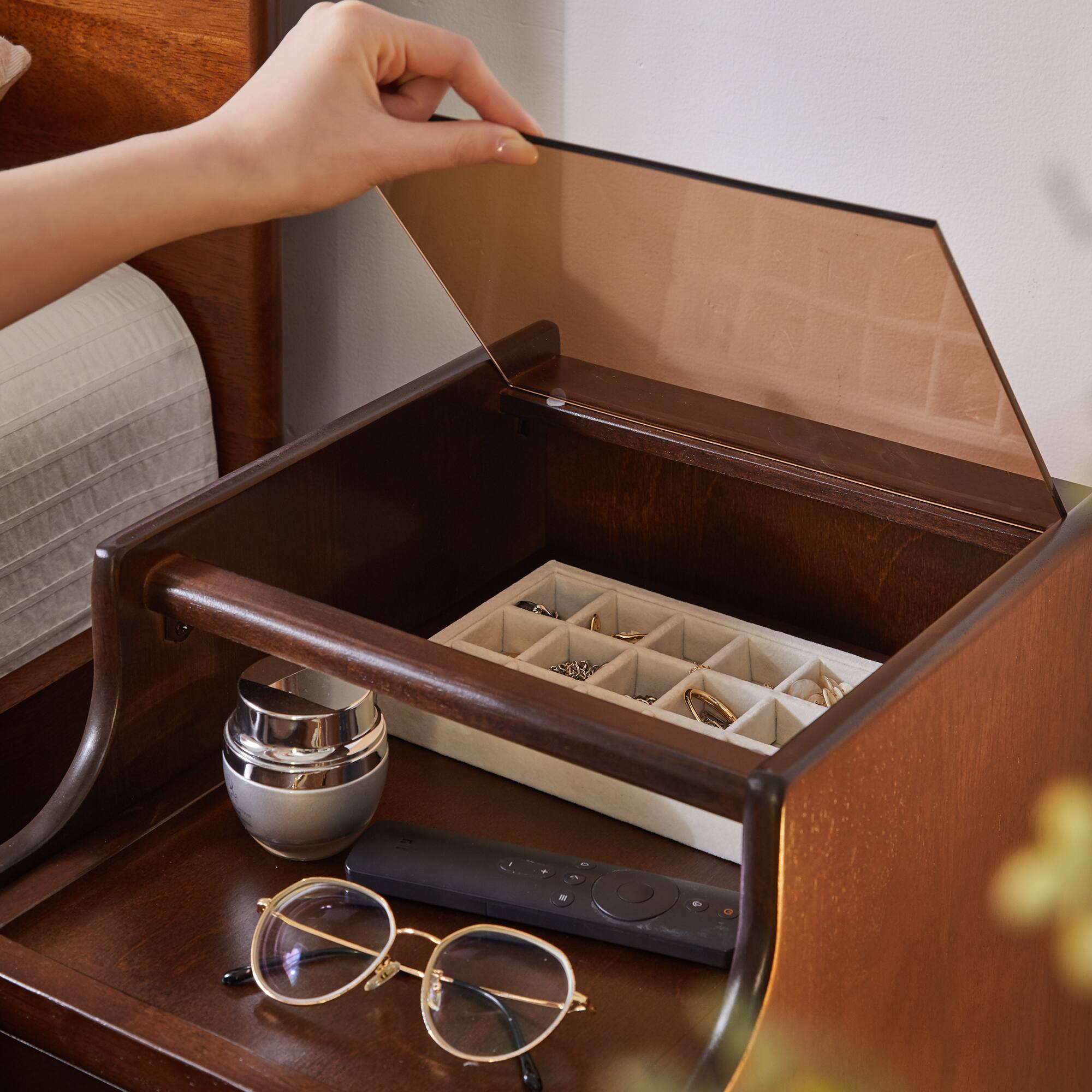 Left. Whisen - Solid Wood Nightstand with 2-Drawer Storage,Bedside Table with Pull-out Panel and Open Shelf - Walnut.