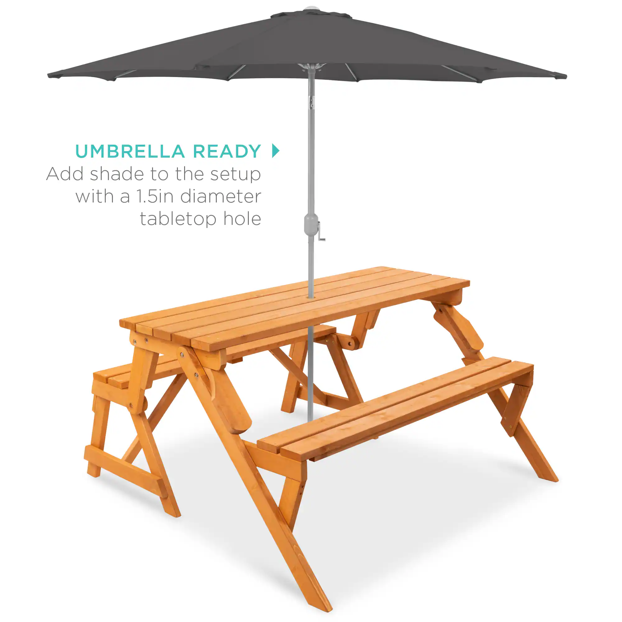 UMBRELLA READY  
Add shade to the setup with a 1.5in diameter tabletop hole